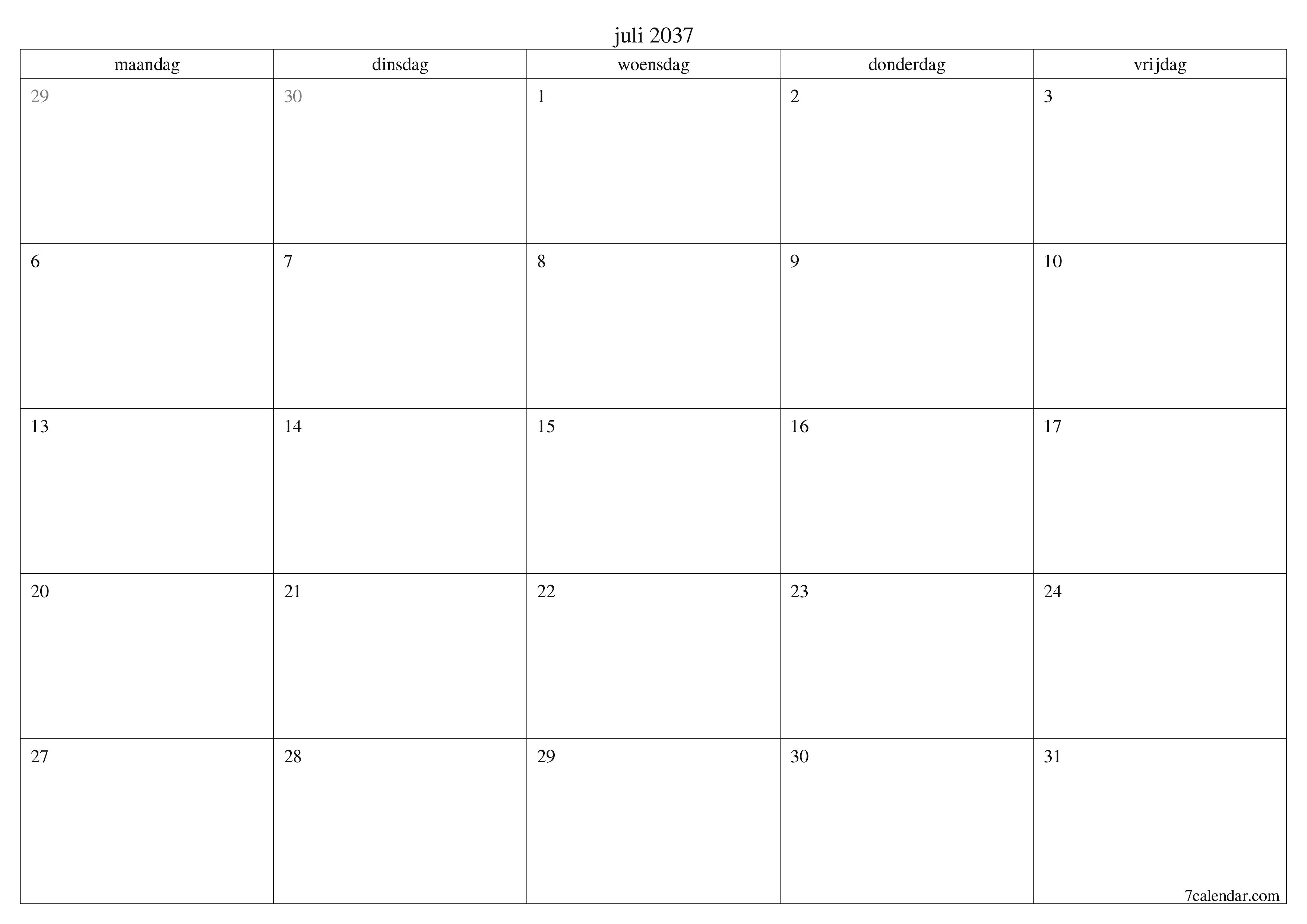 Lege maandplanner voor maand juli 2037 met notities, opslaan en afdrukken naar pdf PNG Dutch