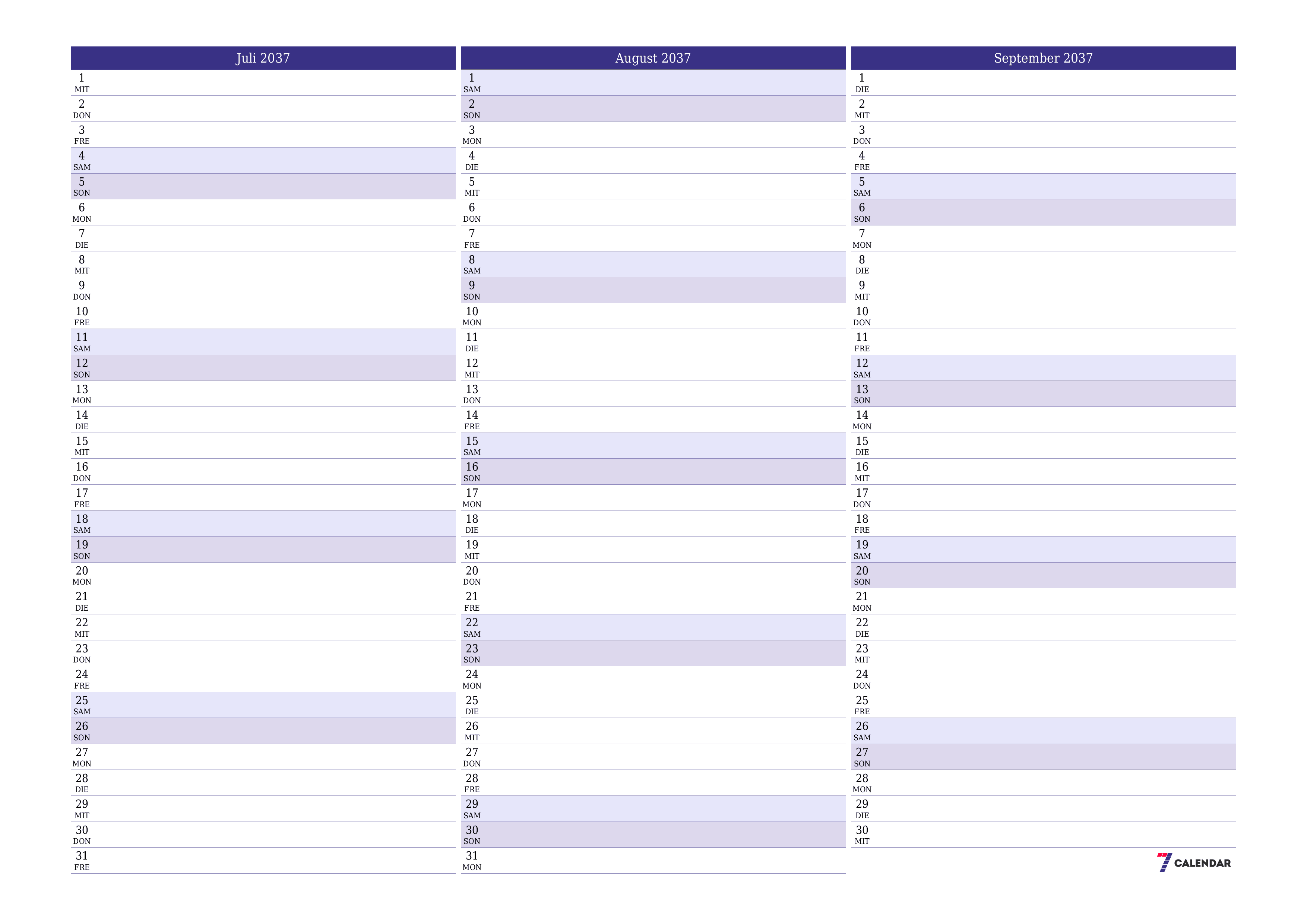 Monatsplaner für Monat Juli 2037 mit Notizen leeren, speichern und als PDF PNG German - 7calendar.com drucken