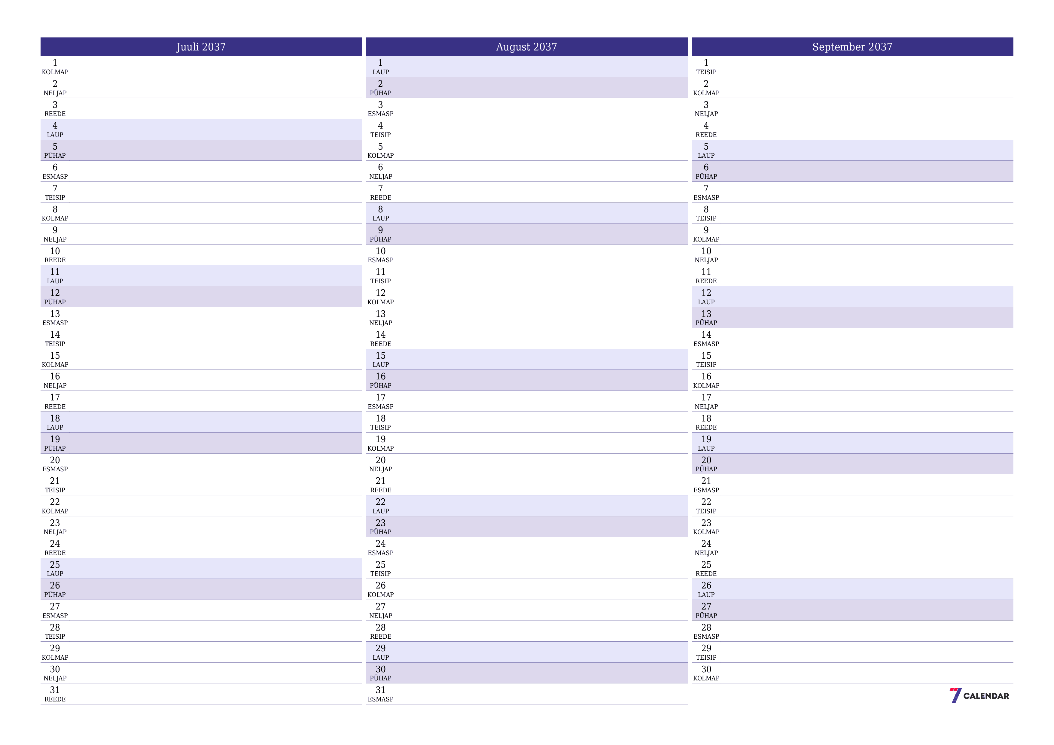Tühjendage kuu Juuli 2037 kuuplaneerija märkmetega, salvestage ja printige PDF-i PNG Estonian