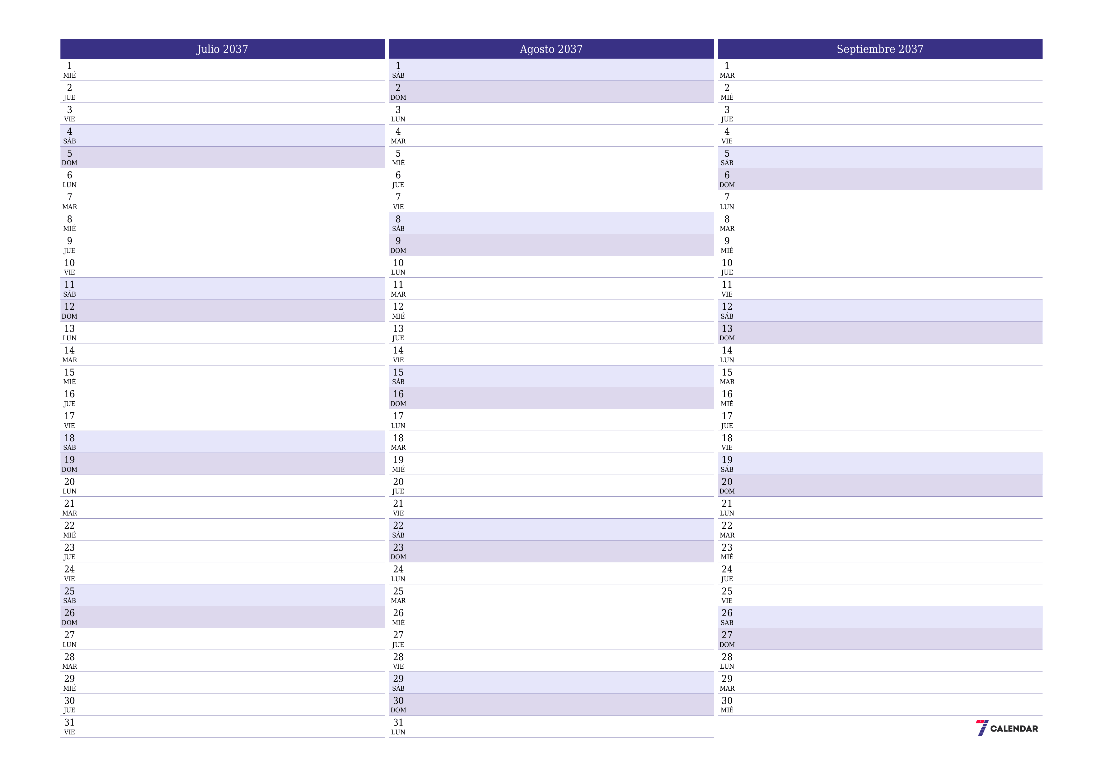 Planificador mensual vacío para el mes Julio 2037 con notas, guardar e imprimir en PDF PNG Spanish