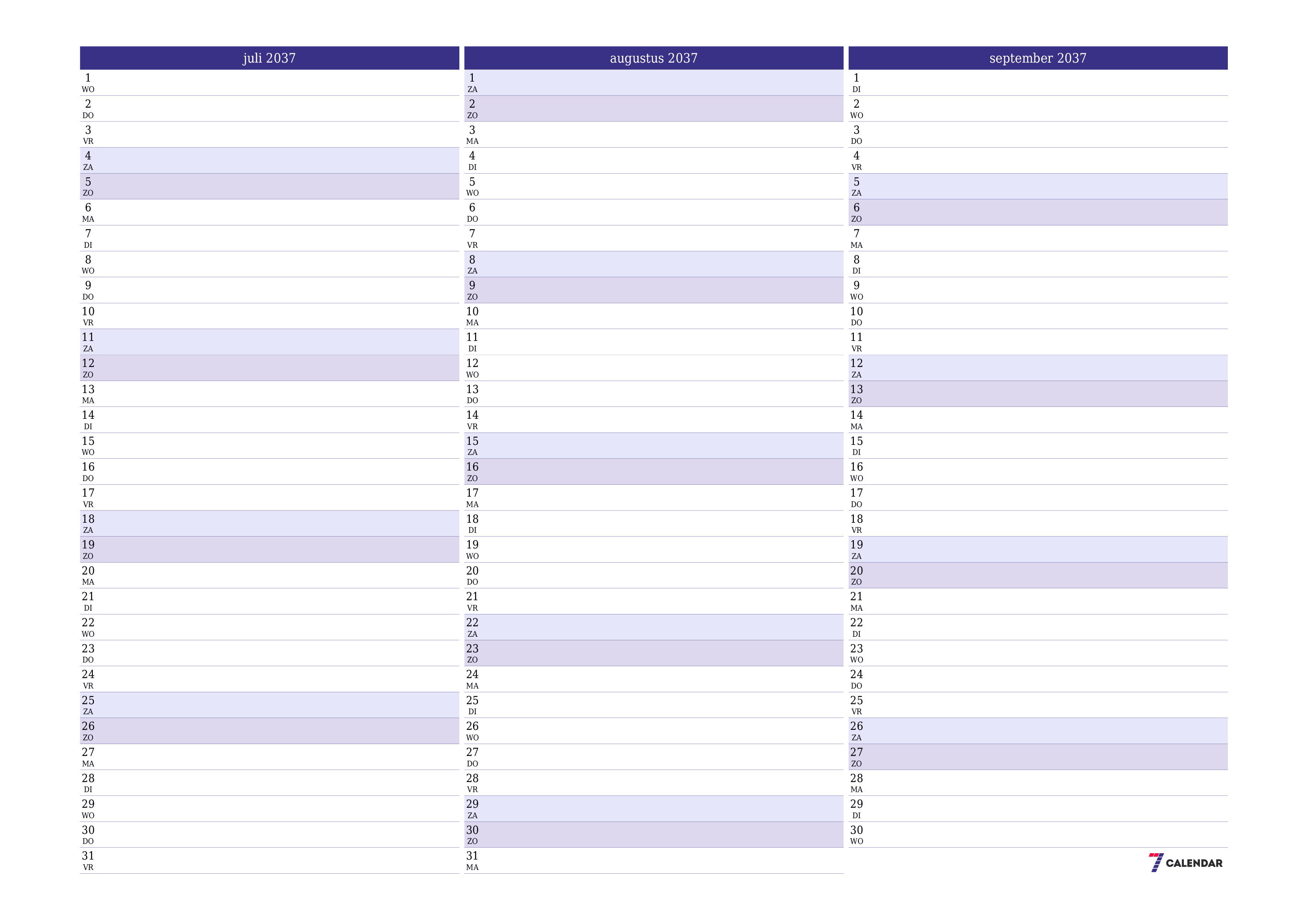 Lege maandplanner voor maand juli 2037 met notities, opslaan en afdrukken naar pdf PNG Dutch