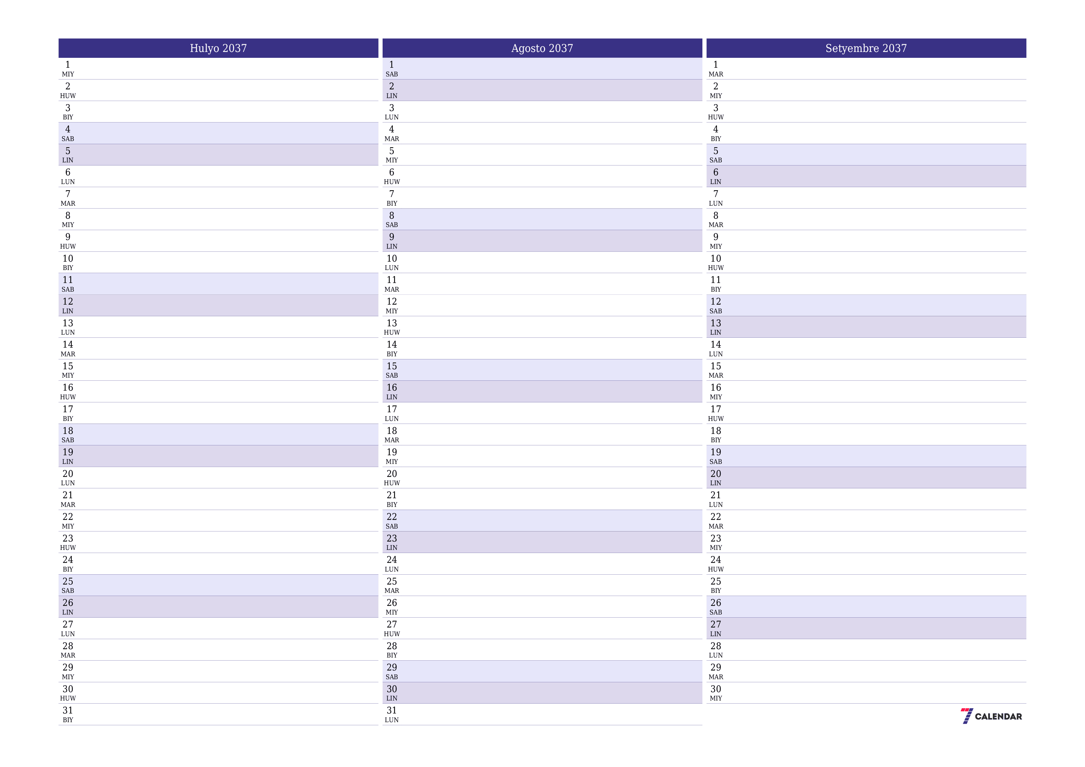 Walang laman na buwanang tagaplano para sa buwan na Hulyo 2037 na may mga tala, i-save at i-print sa PDF PNG Filipino