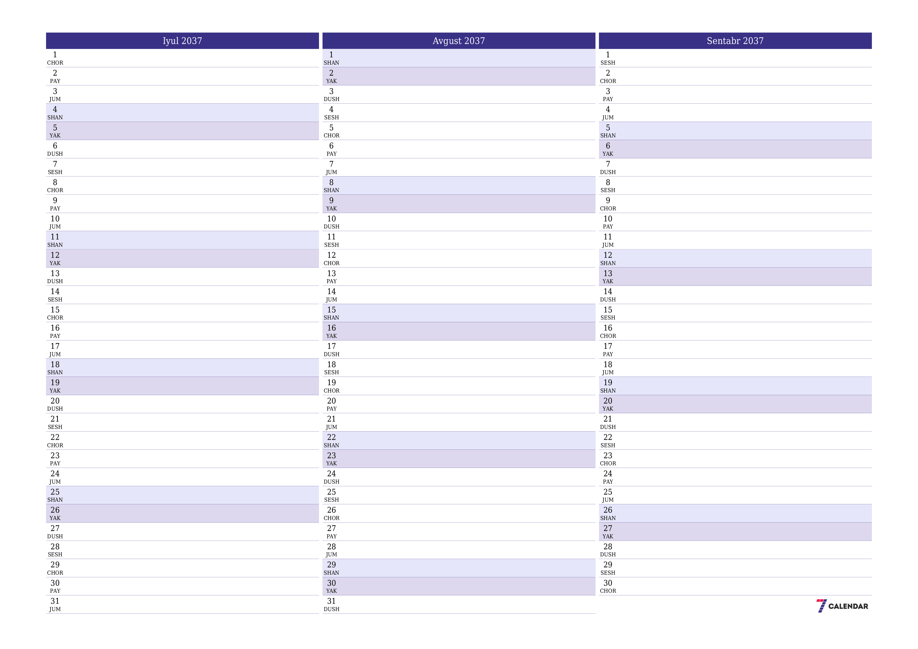 Iyul 2037 oylik oylik rejalashtiruvchini yozuvlar bilan bo'shatish, saqlash va PDF-ga chop etish PNG Uzbek