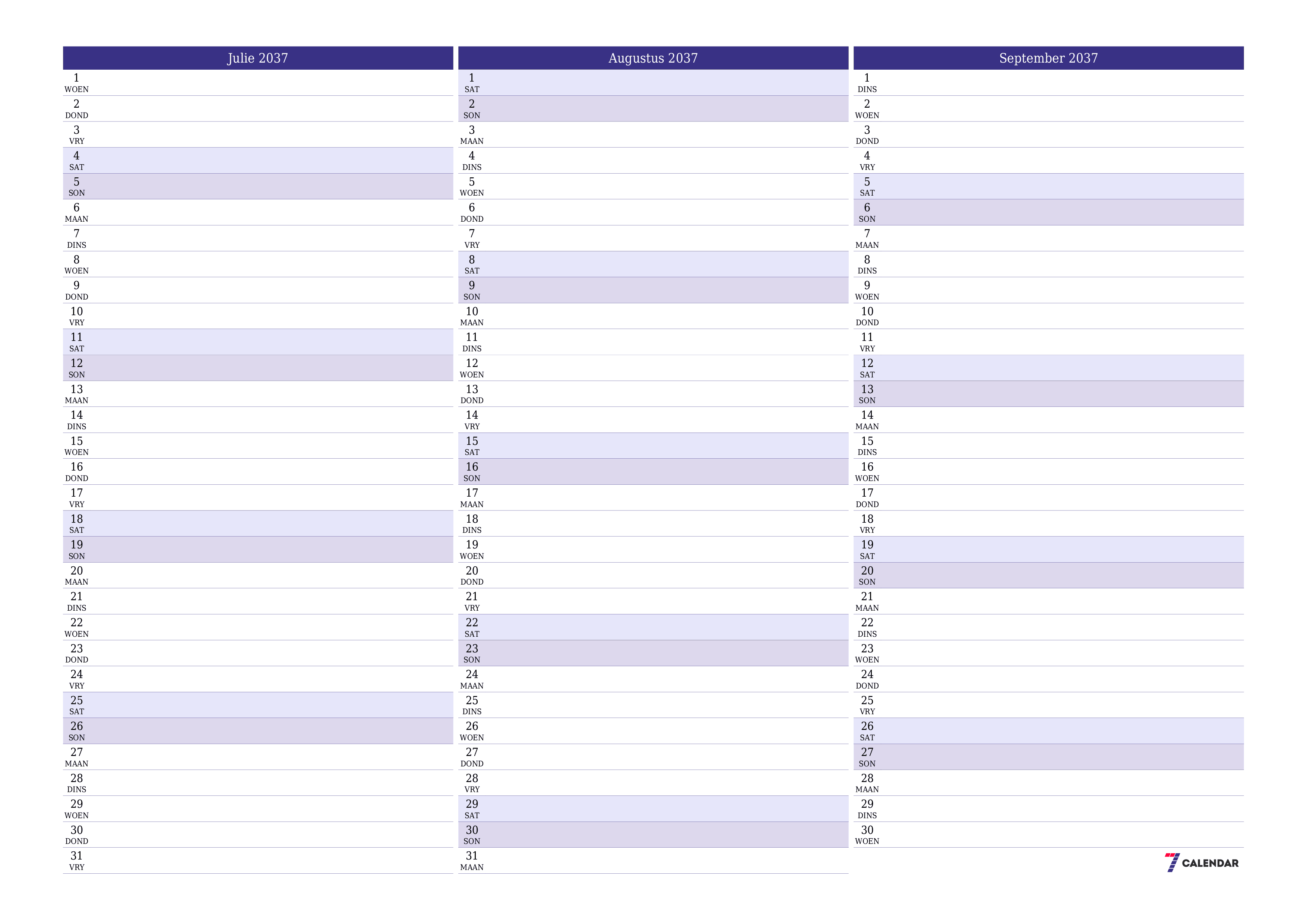 Leë maandelikse drukbare kalender en beplanner vir maand Julie 2037 met notas stoor en druk na PDF PNG Afrikaans