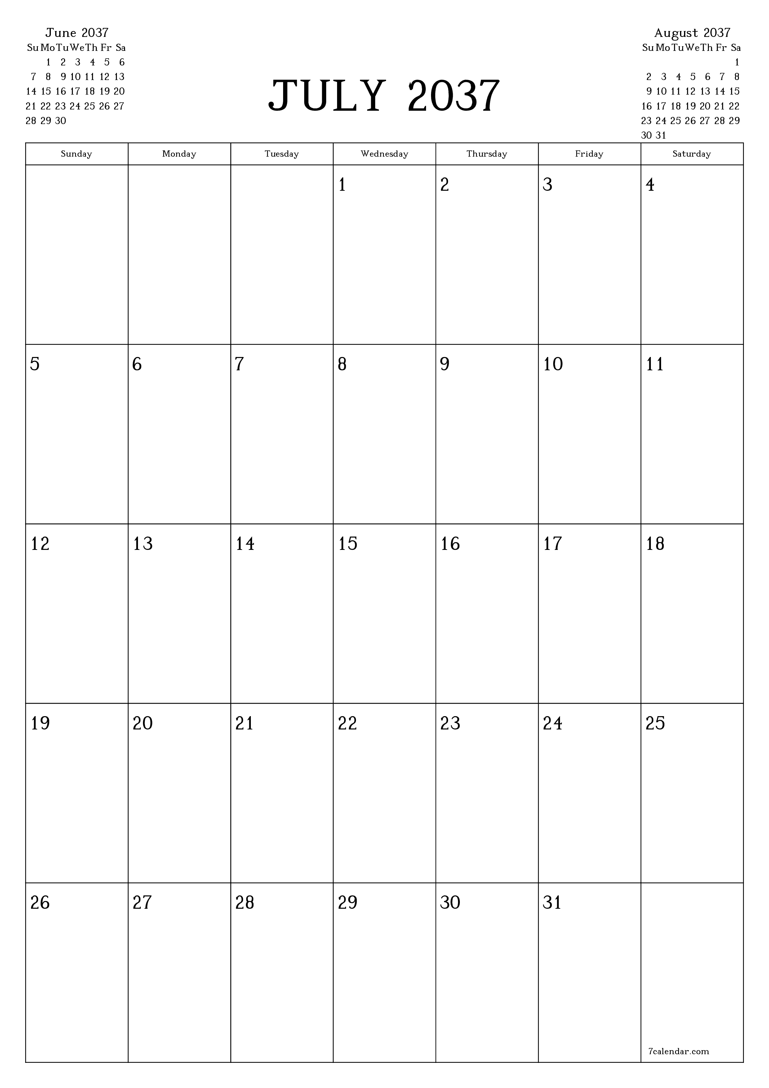Blank calendar July 2037