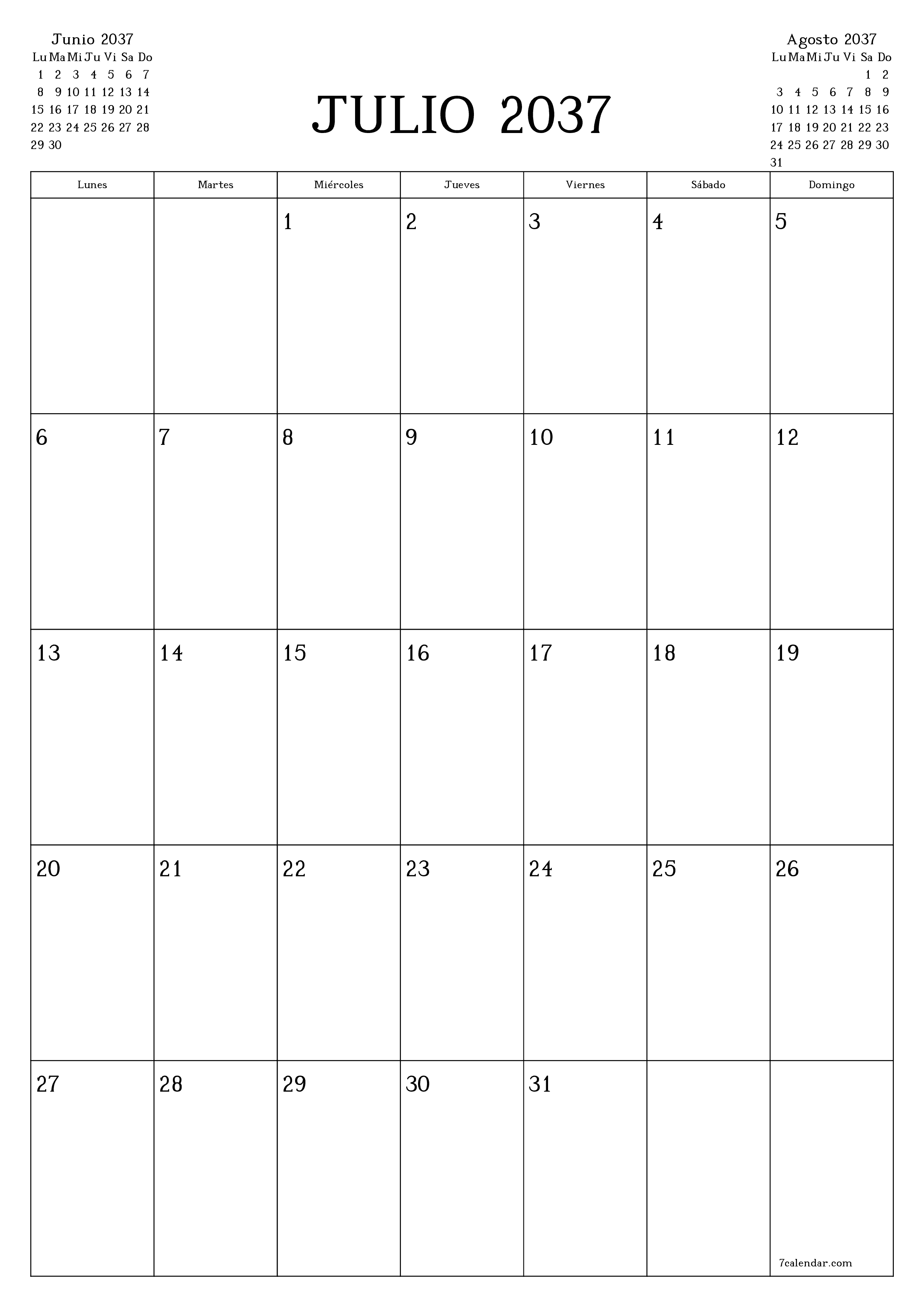  imprimible de pared plantilla de gratisvertical Mensual planificador calendario Julio (Jul) 2037