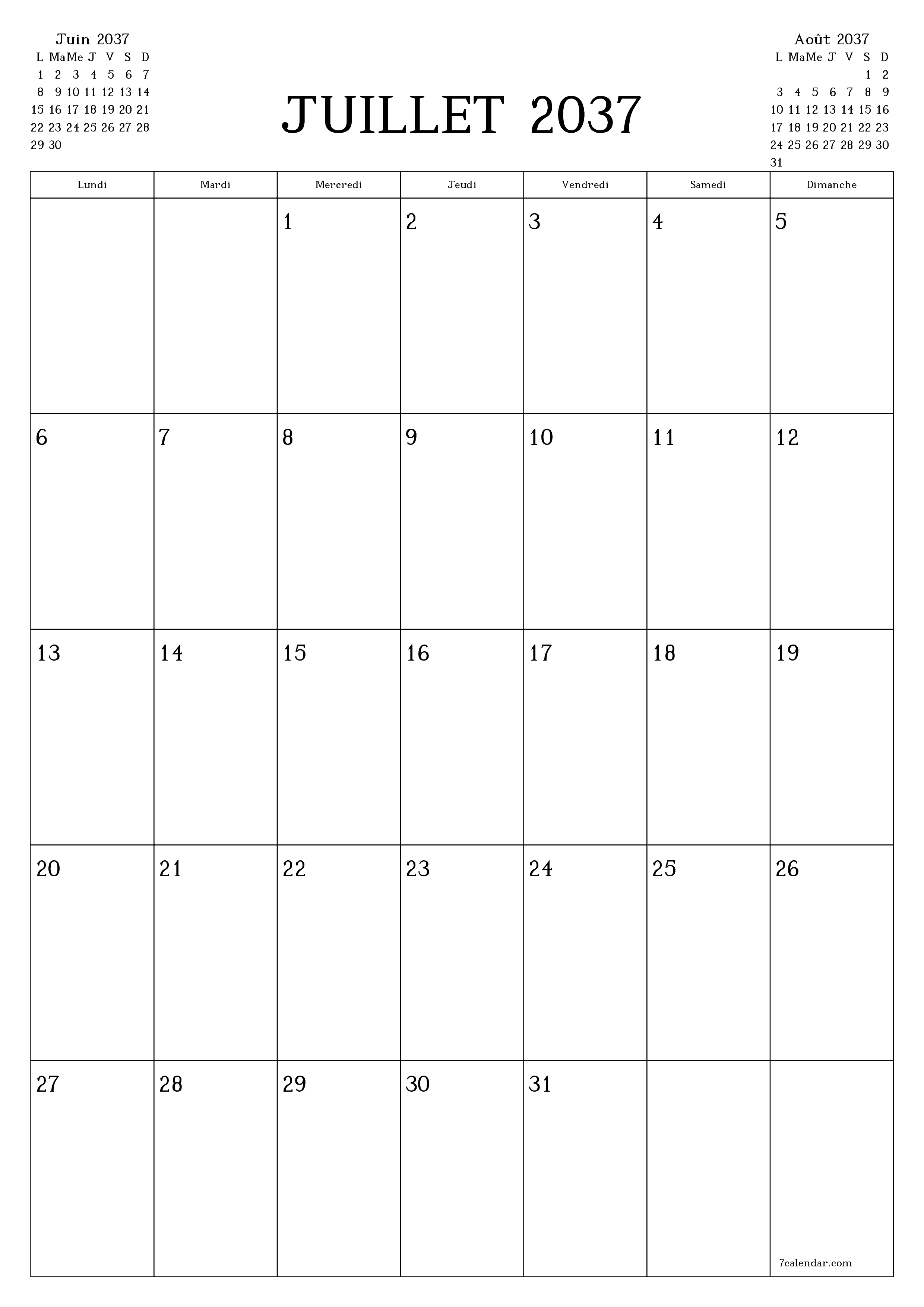  imprimable mural modèle de gratuitverticale Mensuel planificateur calendrier Juillet (Jul) 2037