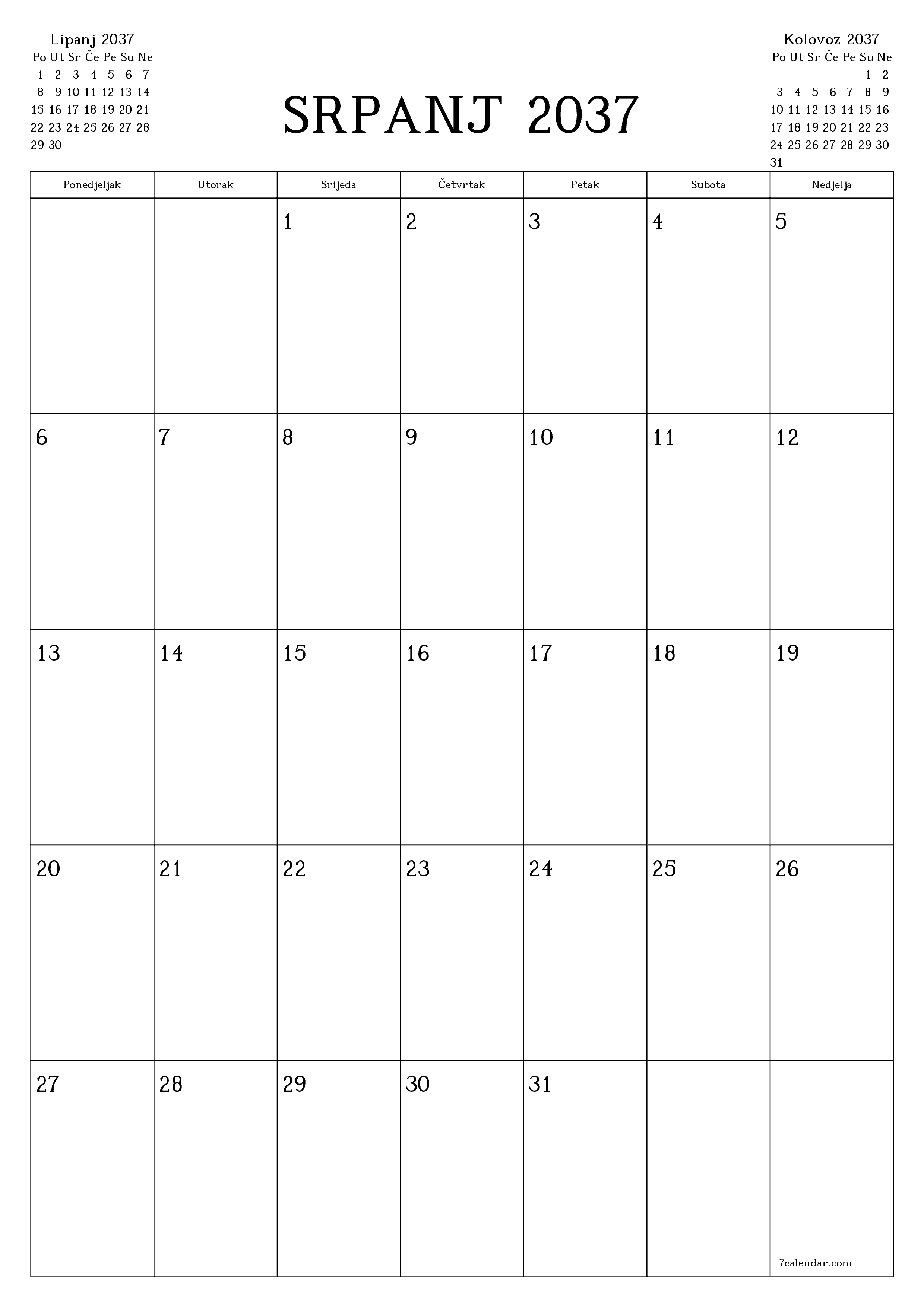  za ispis zidni predložak a besplatni okomito Mjesečni planer kalendar Srpanj (Srp) 2037