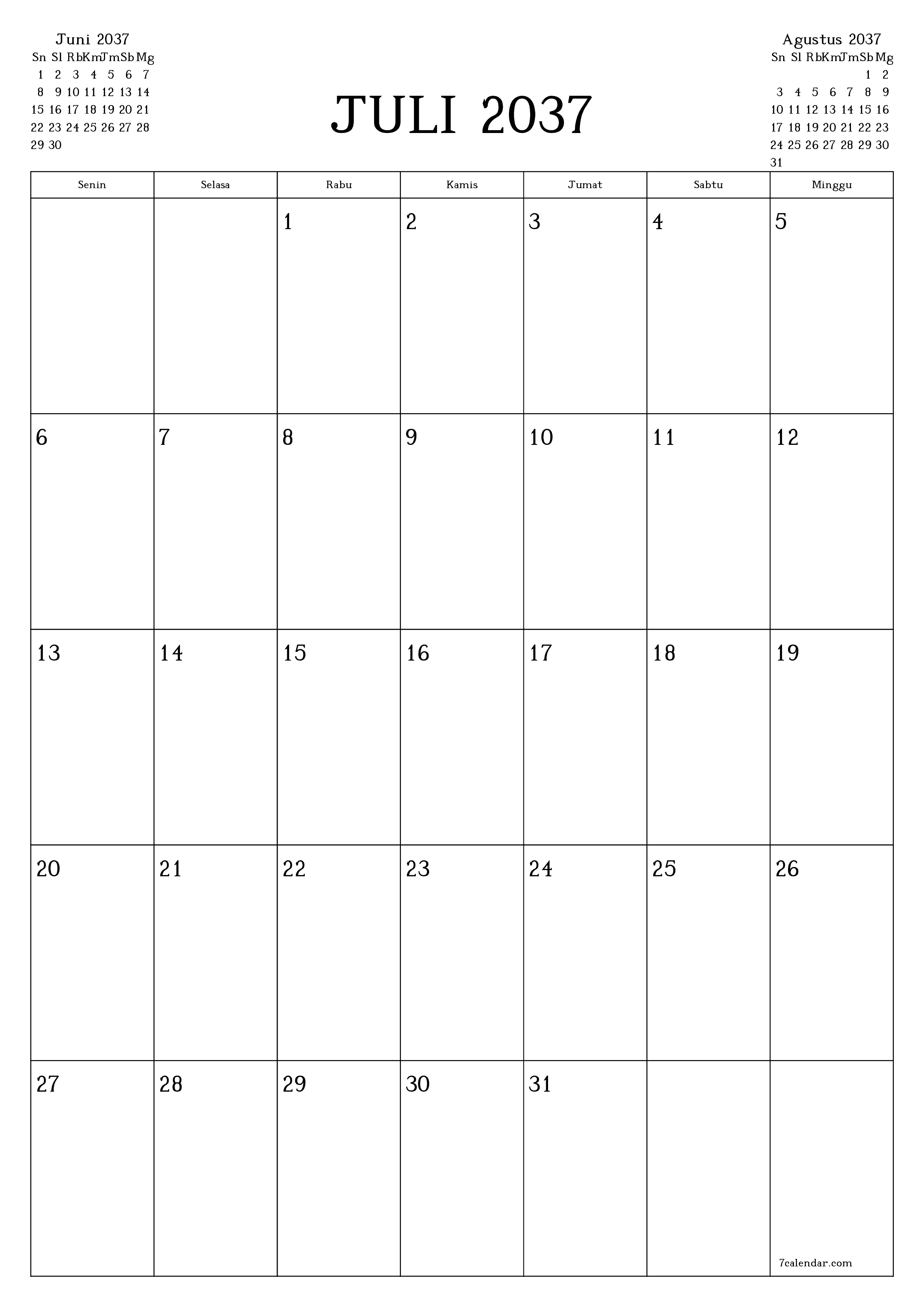  yang dapat dicetak dinding templat gratisvertikal Bulanan perencana kalender Juli (Jul) 2037