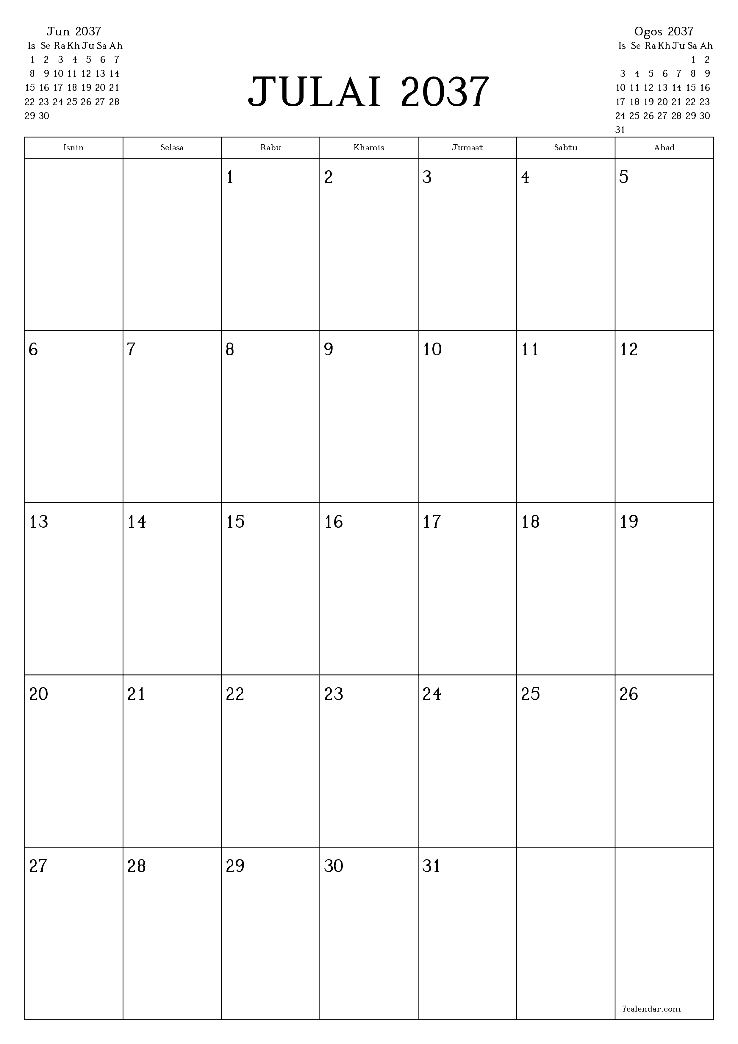  boleh cetak dinding templat percumamenegak Bulanan perancang kalendar Julai (Jul) 2037