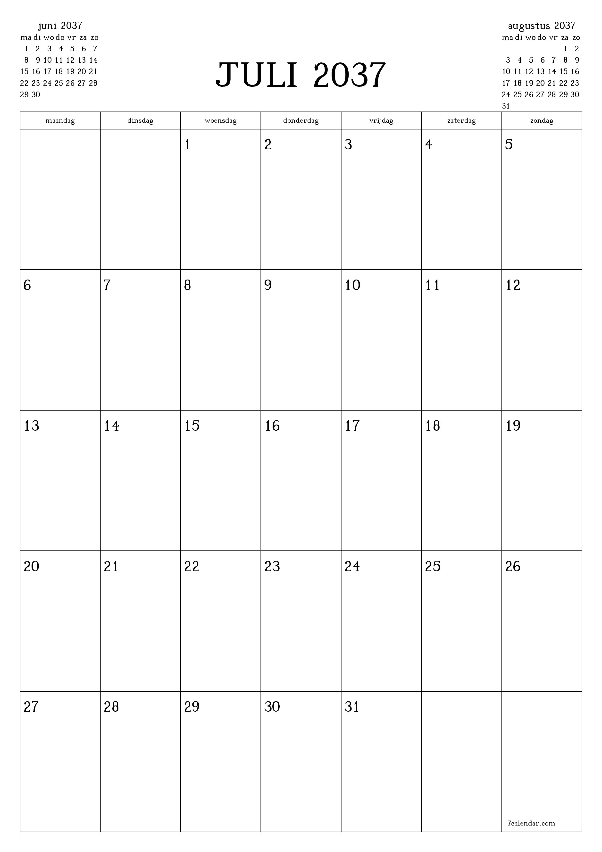 afdrukbare muur sjabloon gratis verticaal Maandelijks planner kalender juli (jul) 2037