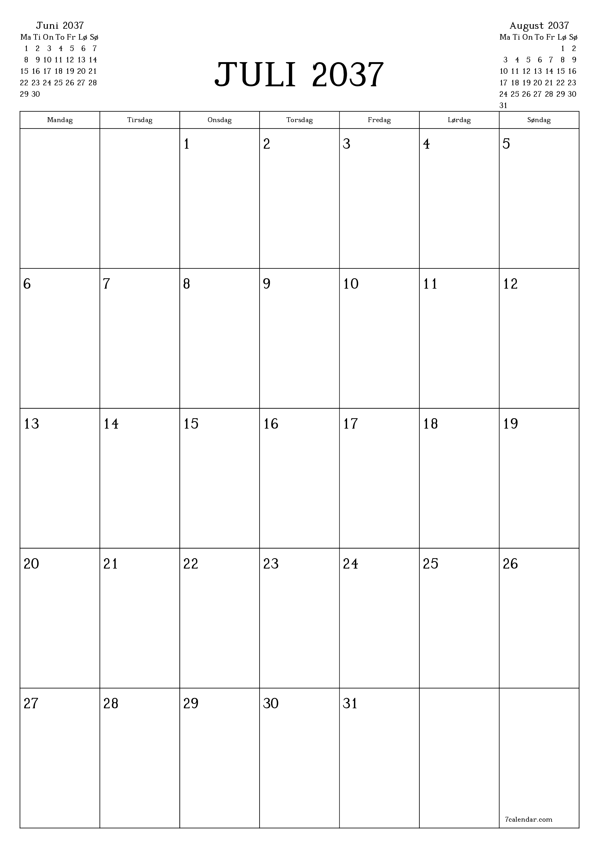 utskrivbar vegg mal gratis vertikal Månedlig planlegger kalender Juli (Jul) 2037