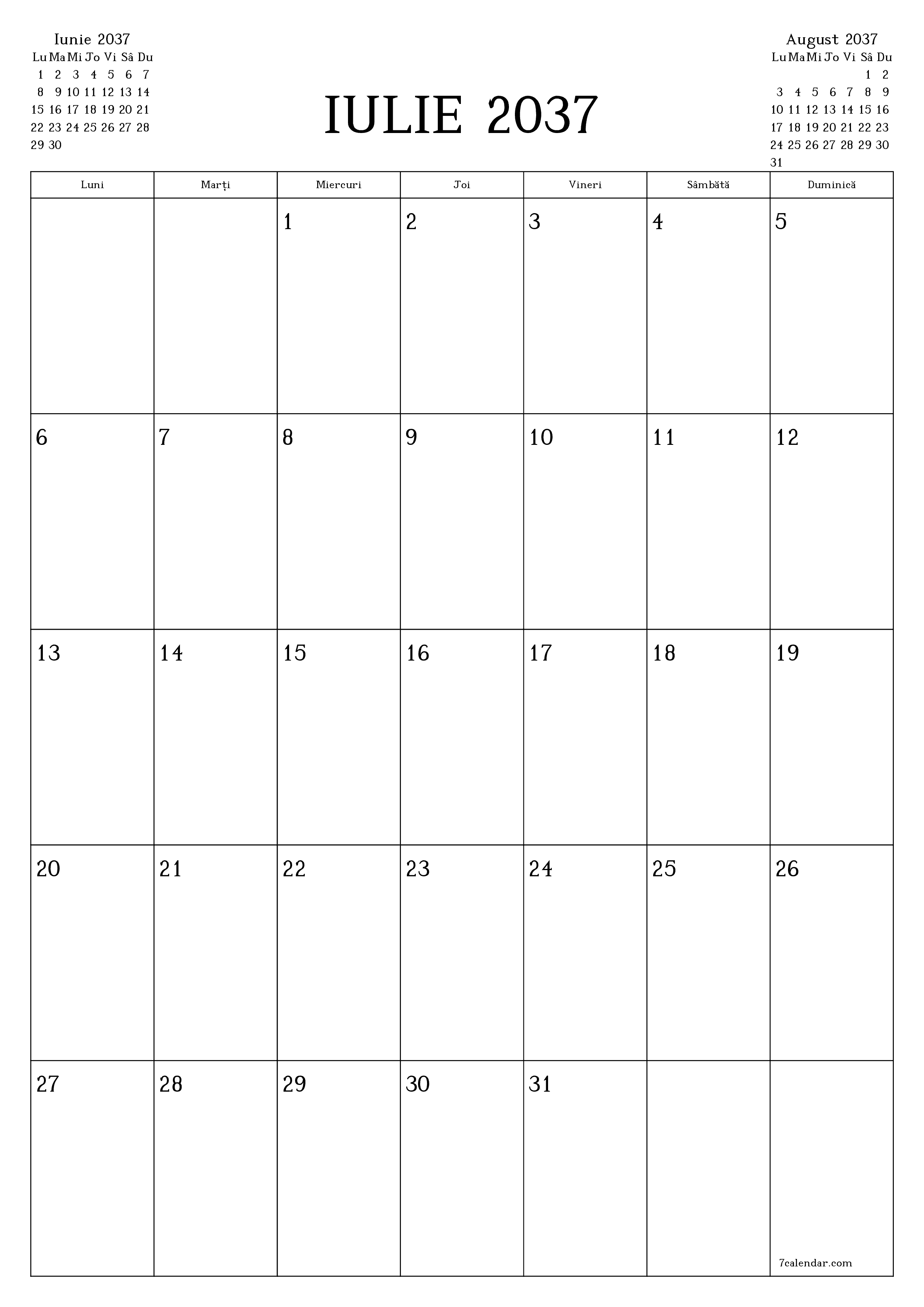  imprimabil de perete șablon de gratuitvertical Lunar planificator calendar Iulie (Iul) 2037