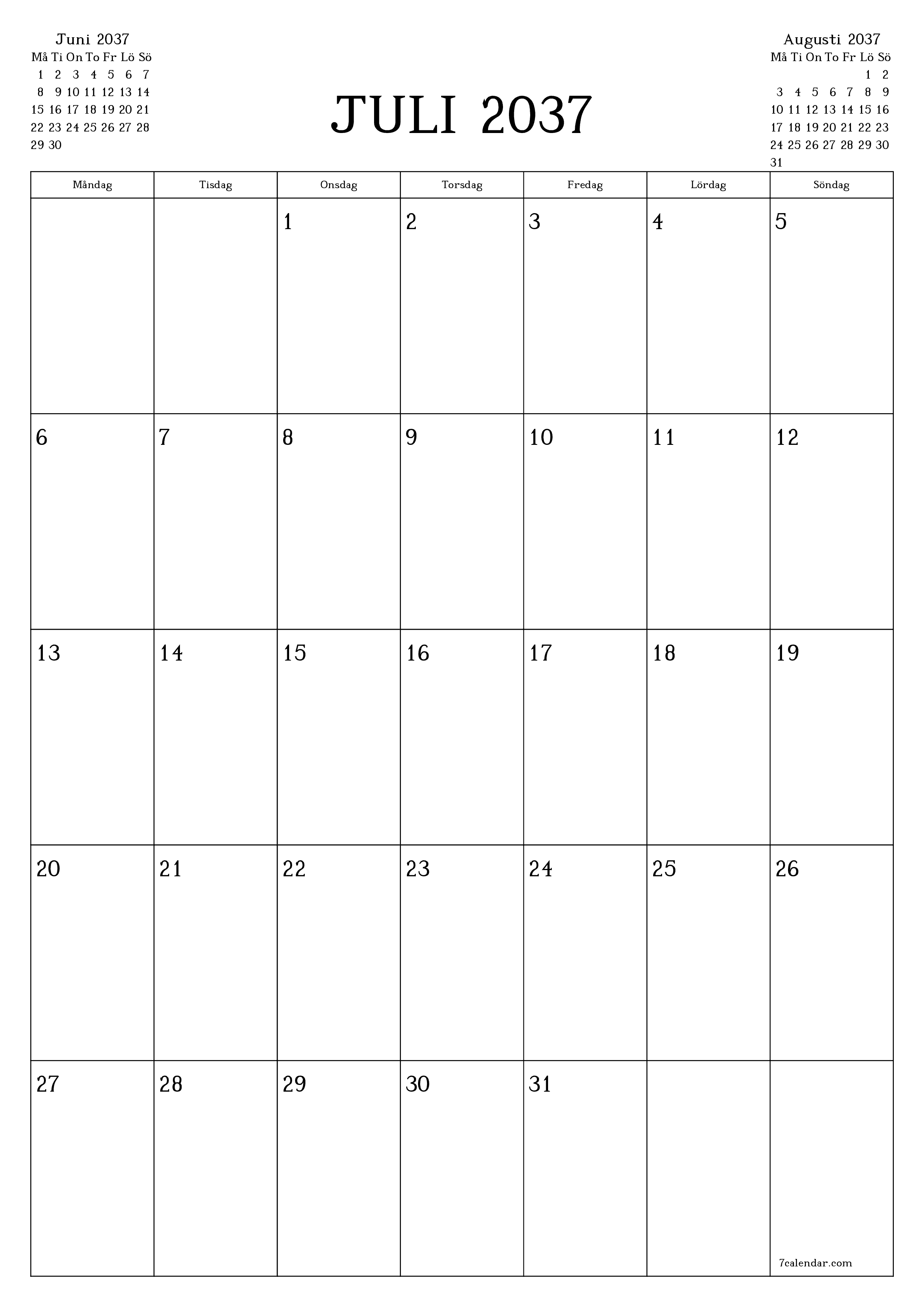 utskrivbar vägg mall gratis vertikal Månatlig planerare kalender Juli (Jul) 2037