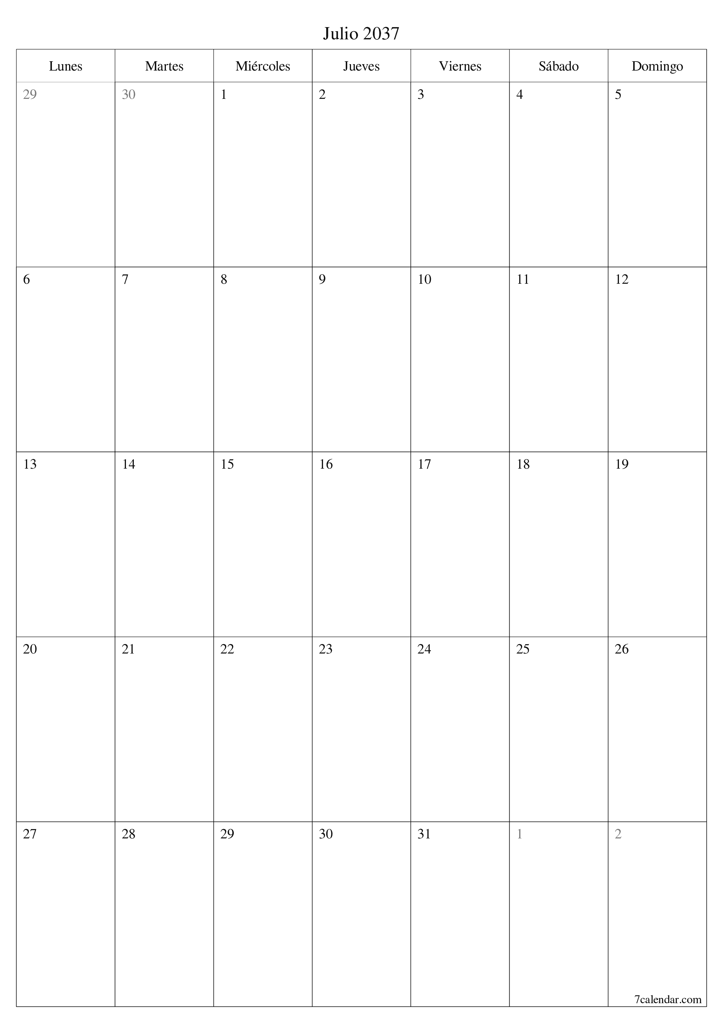  imprimible de pared plantilla de gratisvertical Mensual planificador calendario Julio (Jul) 2037