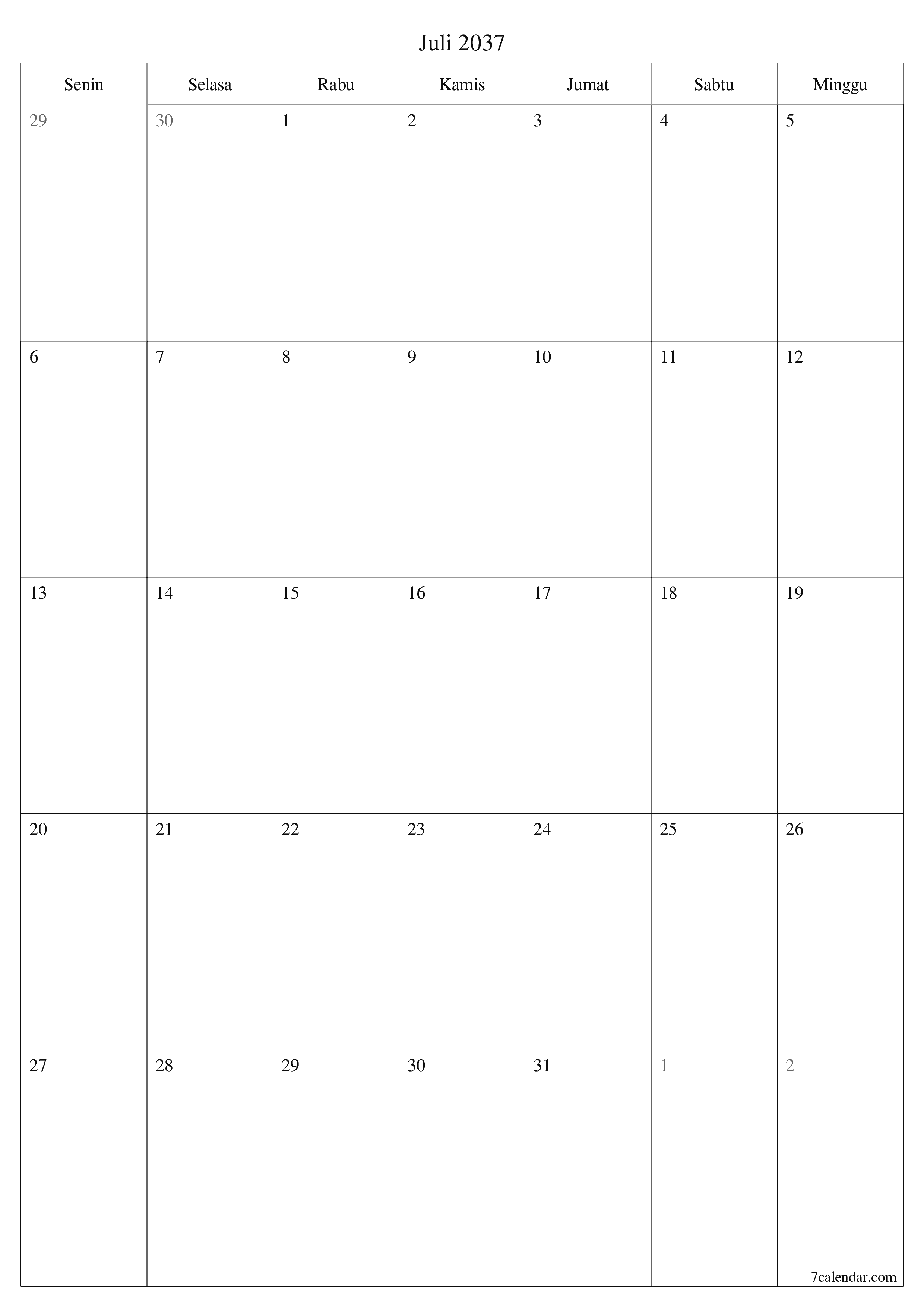  yang dapat dicetak dinding templat gratisvertikal Bulanan perencana kalender Juli (Jul) 2037