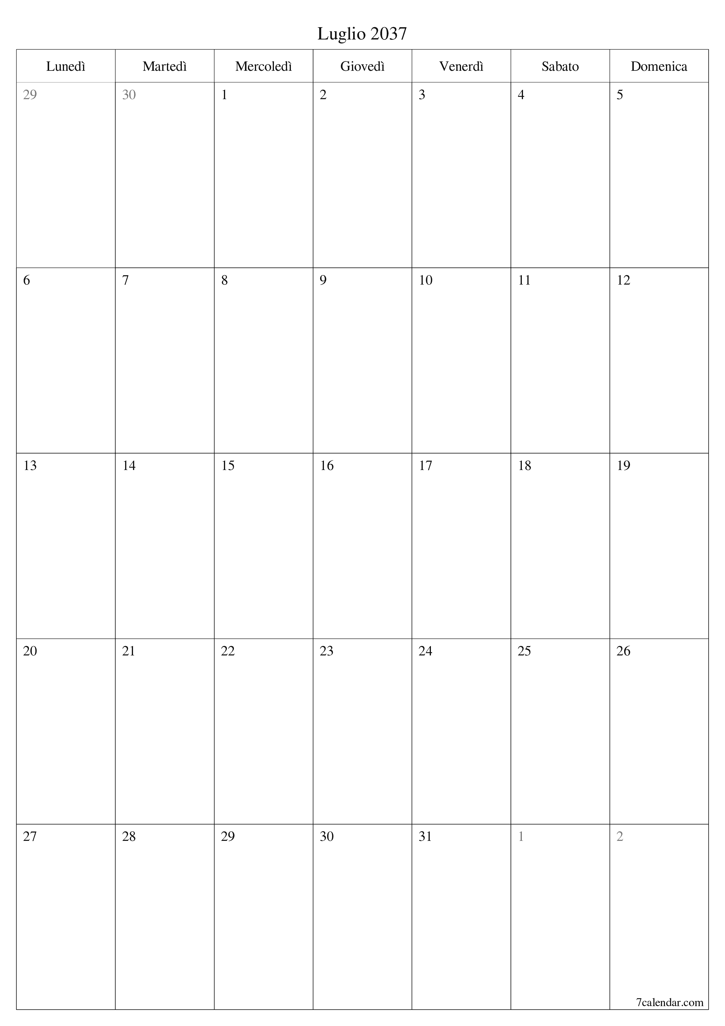  stampabile da parete modello di gratuitoverticale Mensile pianificatore calendario Luglio (Lug) 2037