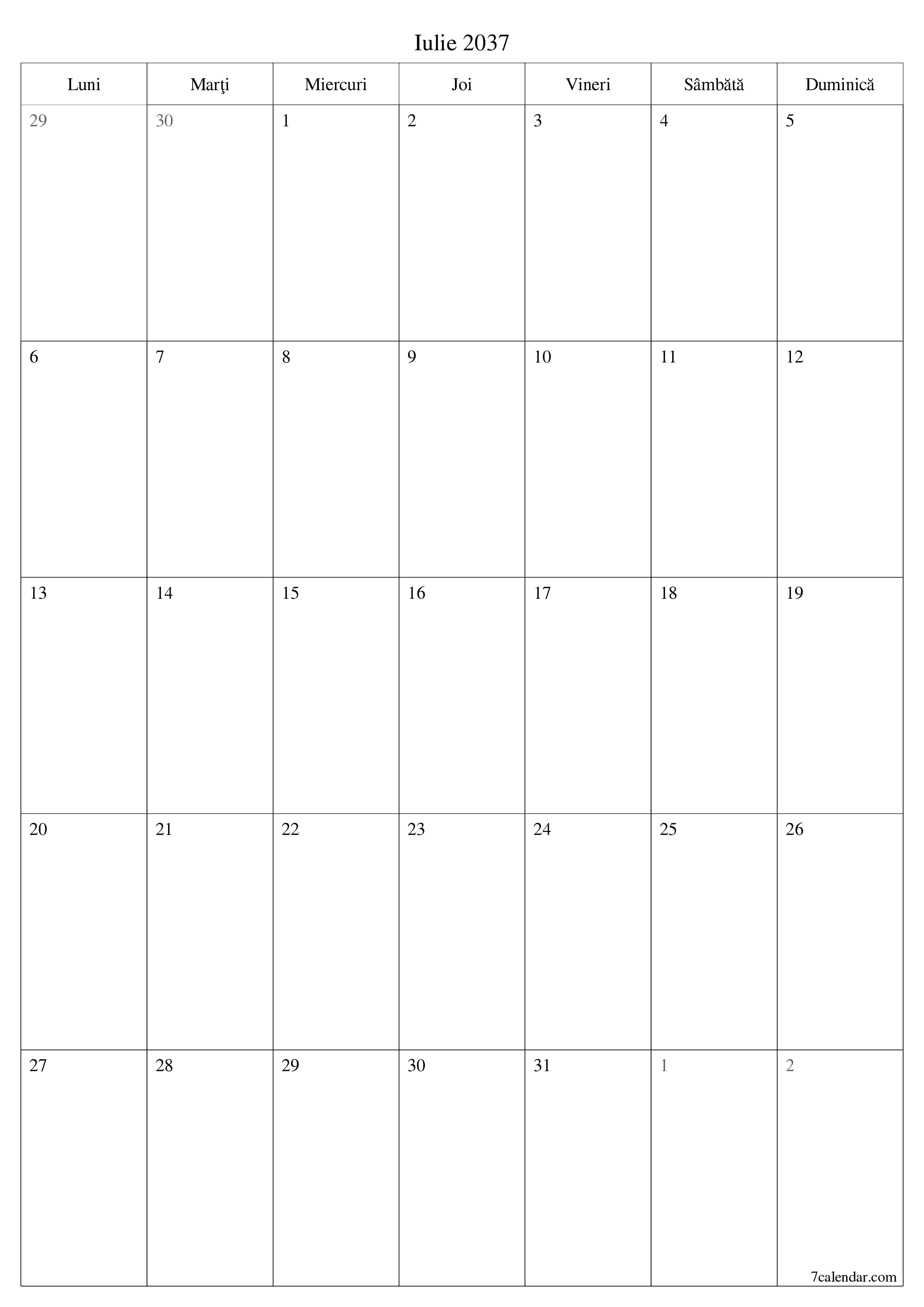  imprimabil de perete șablon de gratuitvertical Lunar planificator calendar Iulie (Iul) 2037