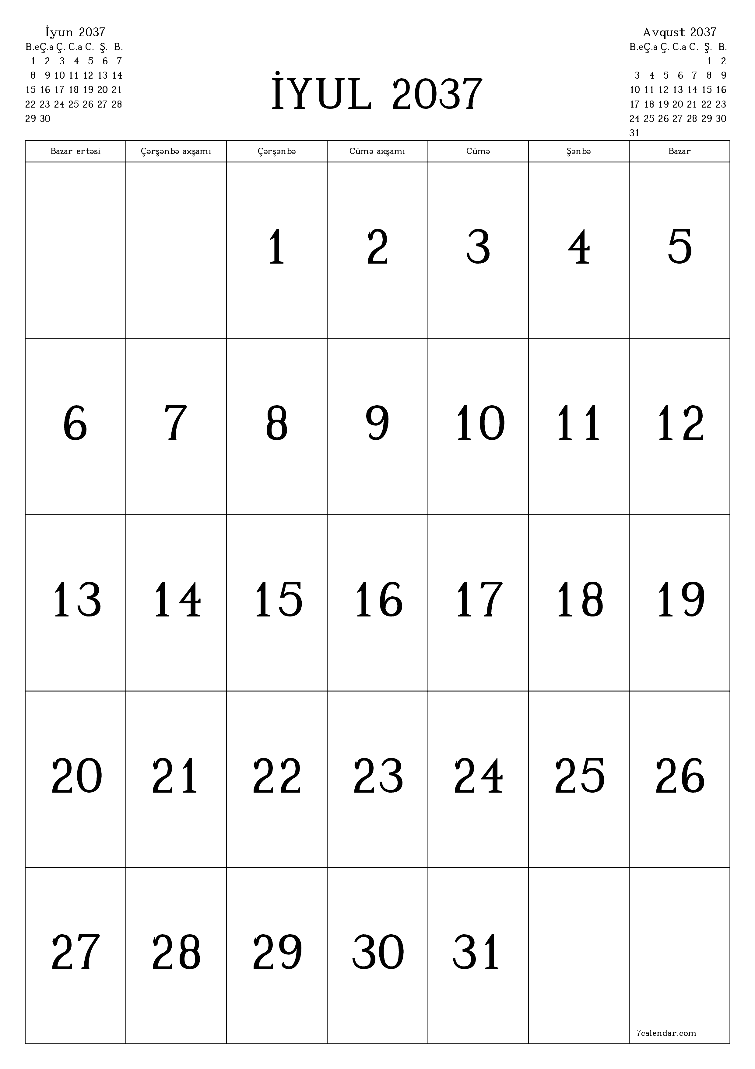 çap edilə bilən divar i şablonu pulsuz şaquli Aylıq təqvim İyul (İyul) 2037