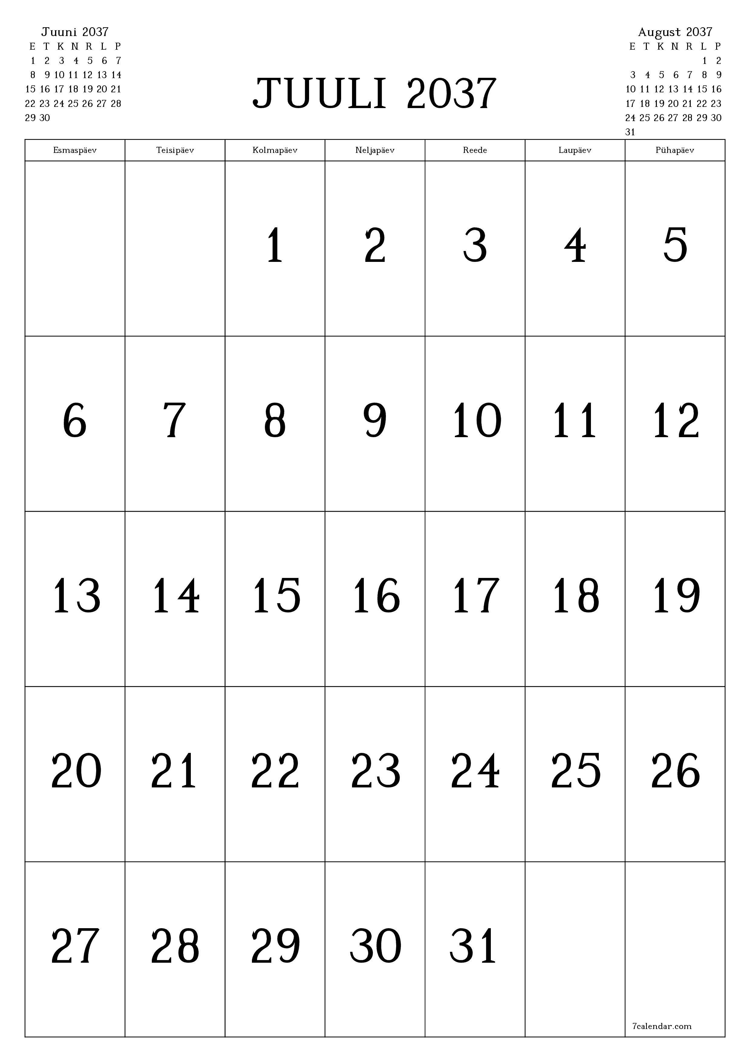 prinditav seina kalendri mall tasuta vertikaalne Igakuine kalender Juuli (Juuli) 2037