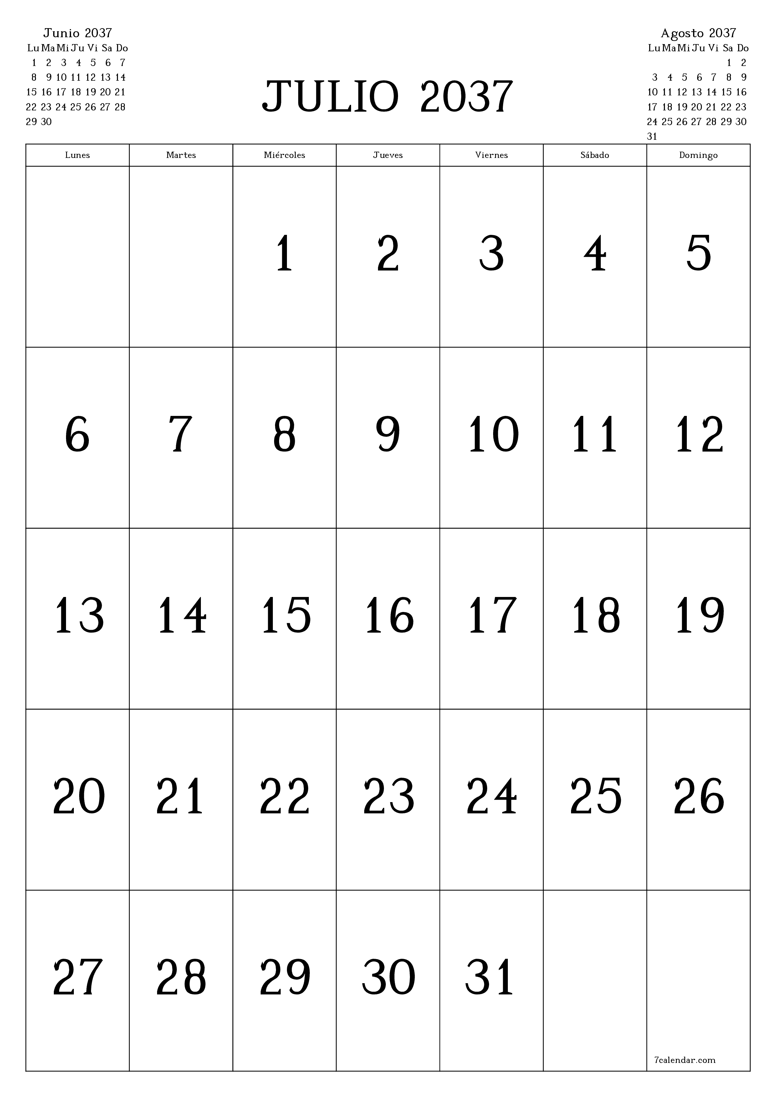 Planificador mensual vacío para el mes Julio 2037 con notas, guardar e imprimir en PDF PNG Spanish