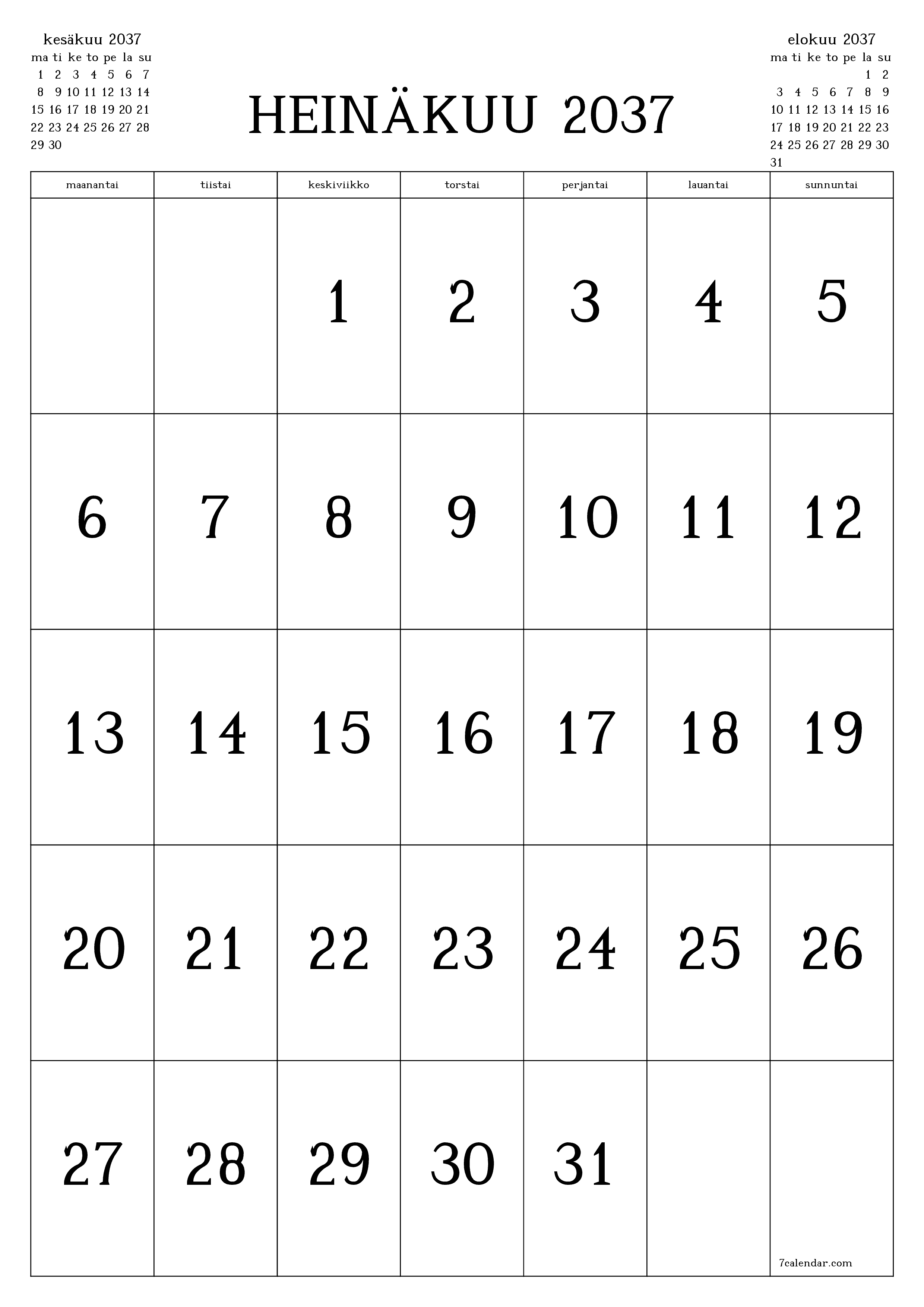 tulostettava seinä n malli ilmainen pystysuora Kuukausittainen kalenteri Heinäkuu (Heinä) 2037
