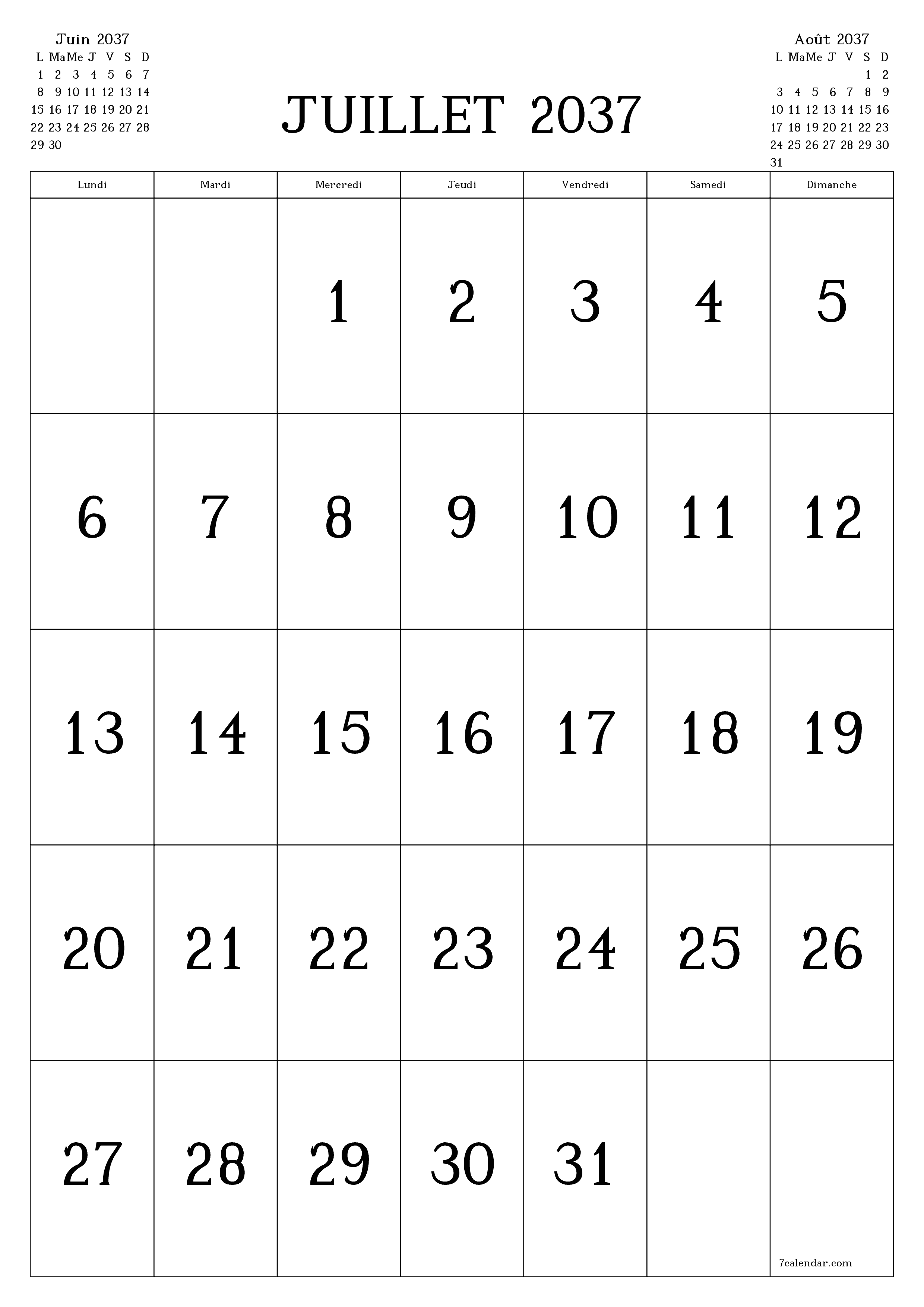  imprimable mural modèle de gratuitverticale Mensuel calendrier Juillet (Jul) 2037