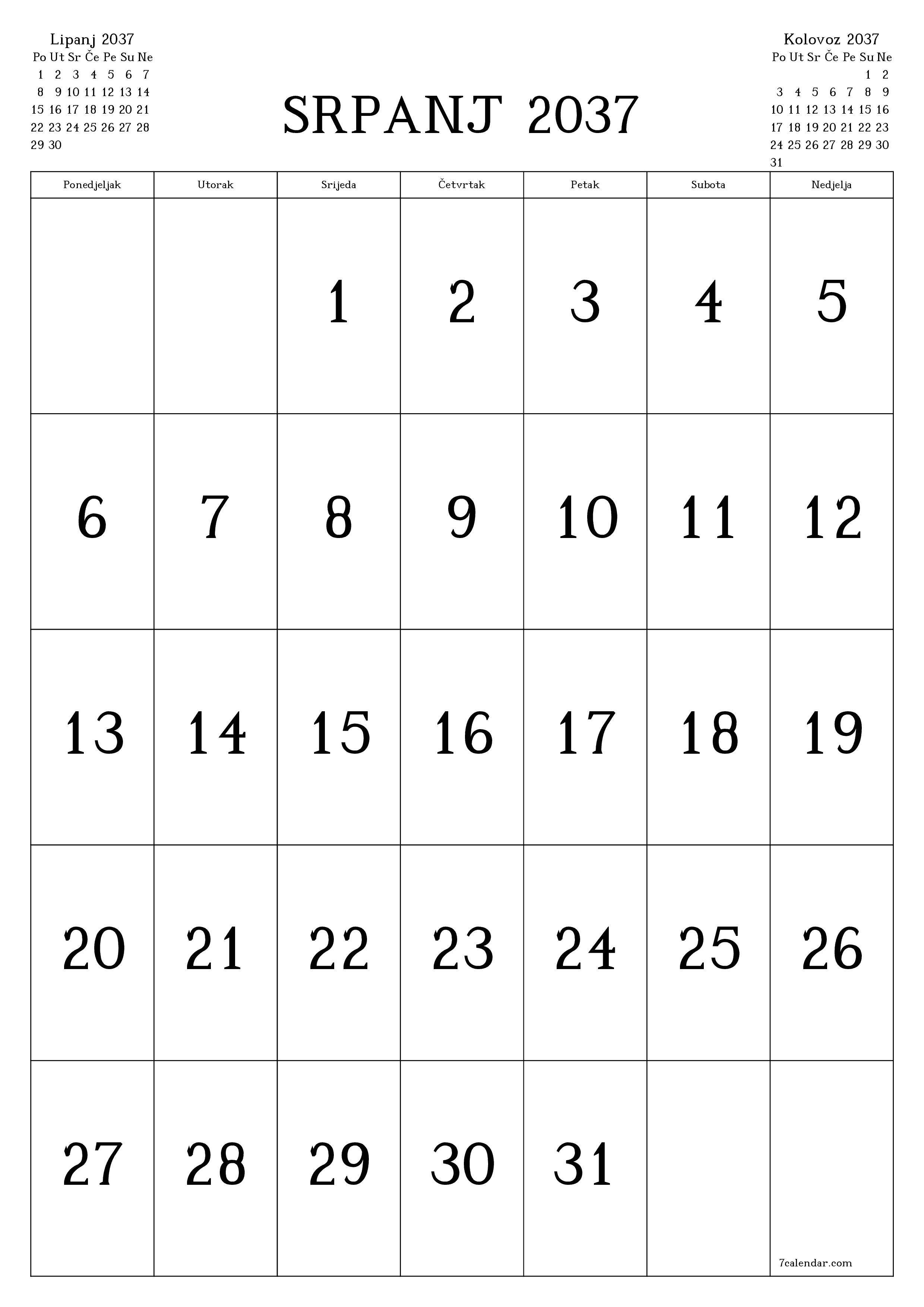  za ispis zidni predložak a besplatni okomito Mjesečni kalendar Srpanj (Srp) 2037