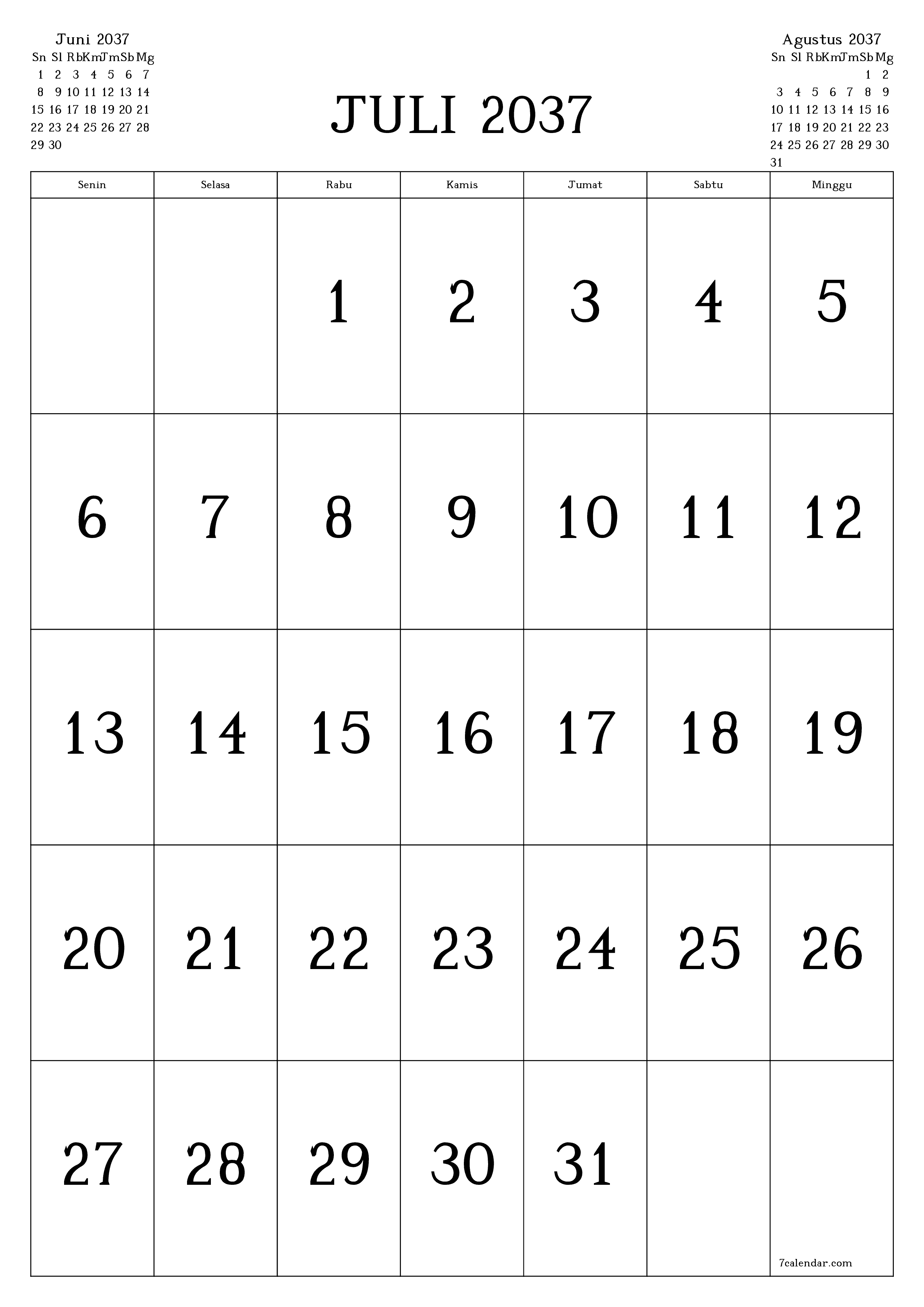  yang dapat dicetak dinding templat gratisvertikal Bulanan kalender Juli (Jul) 2037