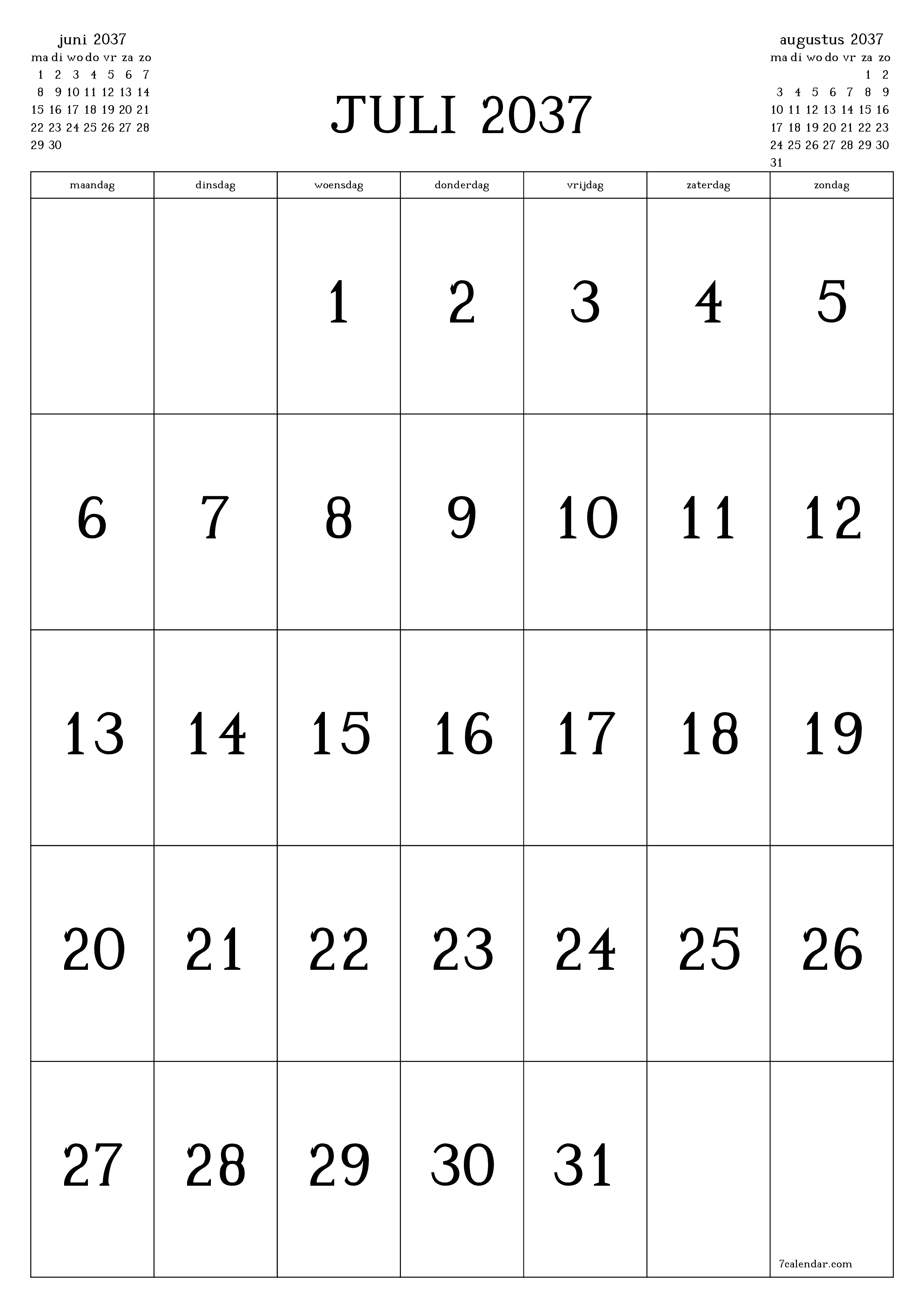 afdrukbare muur sjabloon gratis verticaal Maandelijks kalender juli (jul) 2037