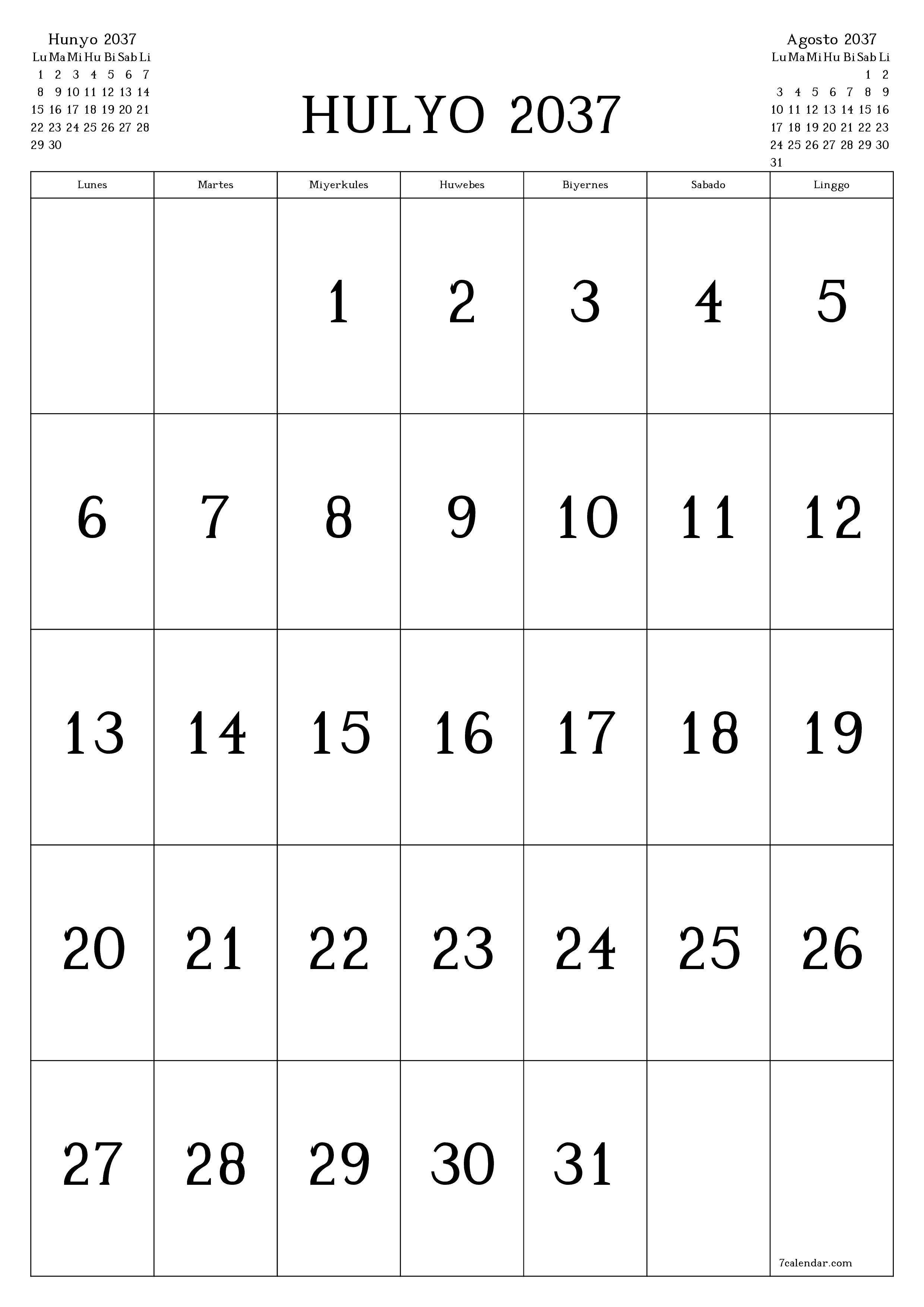 napi-print na sa dingding template ng libreng patayo Buwanang kalendaryo Hulyo (Hul) 2037