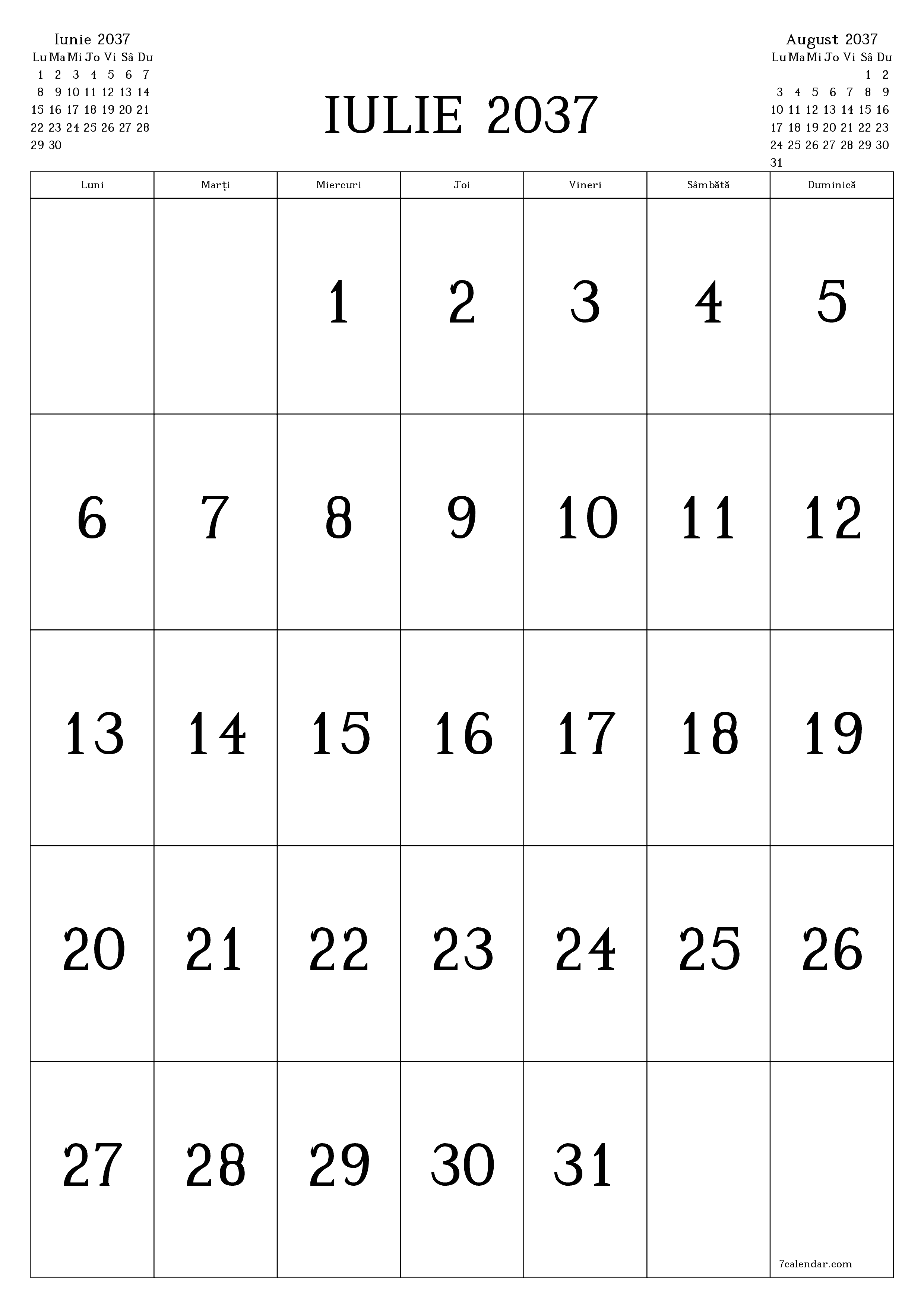  imprimabil de perete șablon de gratuitvertical Lunar calendar Iulie (Iul) 2037