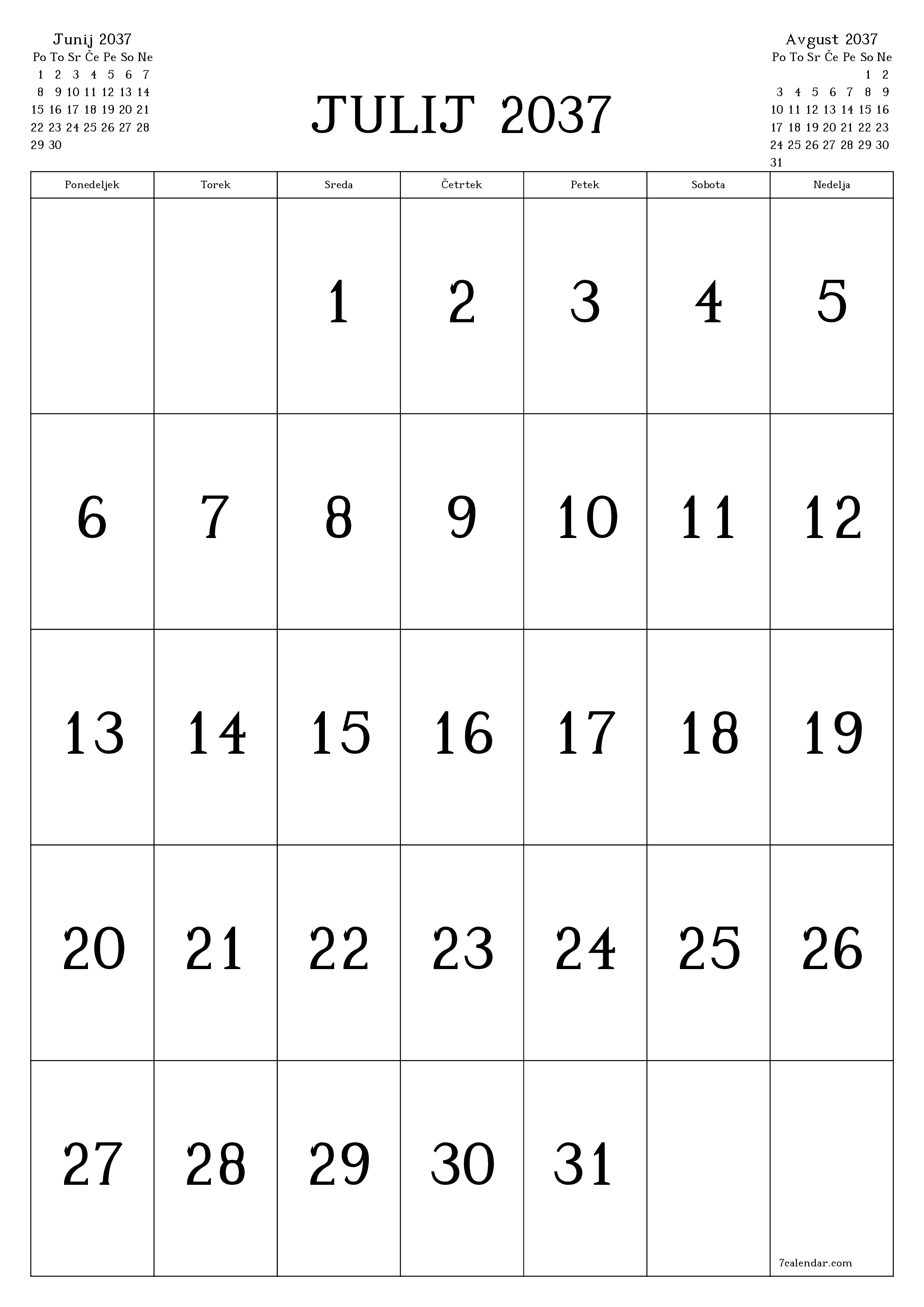 natisljiv stenski ska predloga brezplačni vertical Mesečno koledar Julij (Jul) 2037