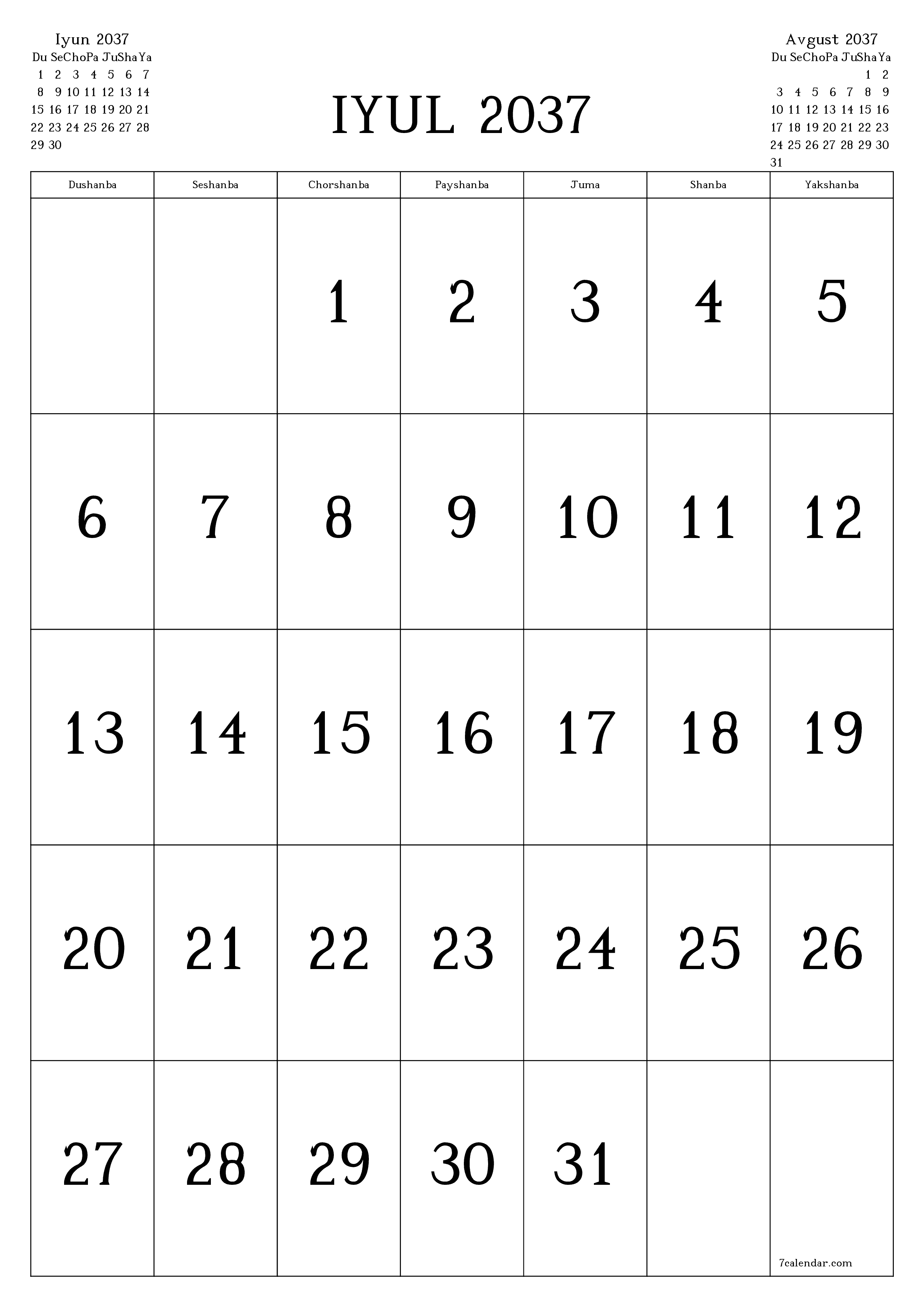 chop etiladigan devor taqvimi shabloni bepul vertikal Oylik kalendar Iyul (Iyul) 2037