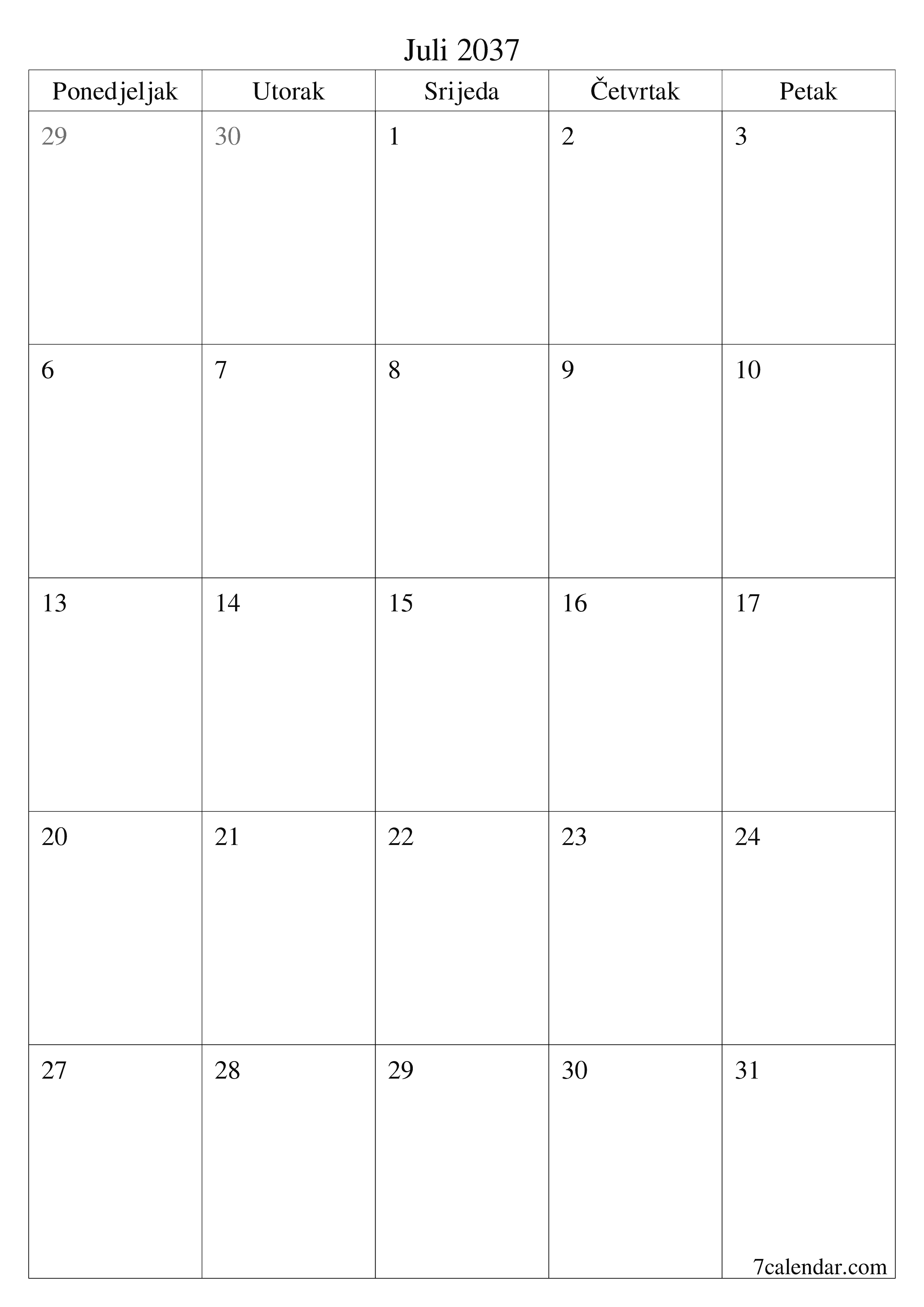  za štampanje zidni šablon a besplatni vertikalno Mjesečno planer kalendar Juli (Jul) 2037