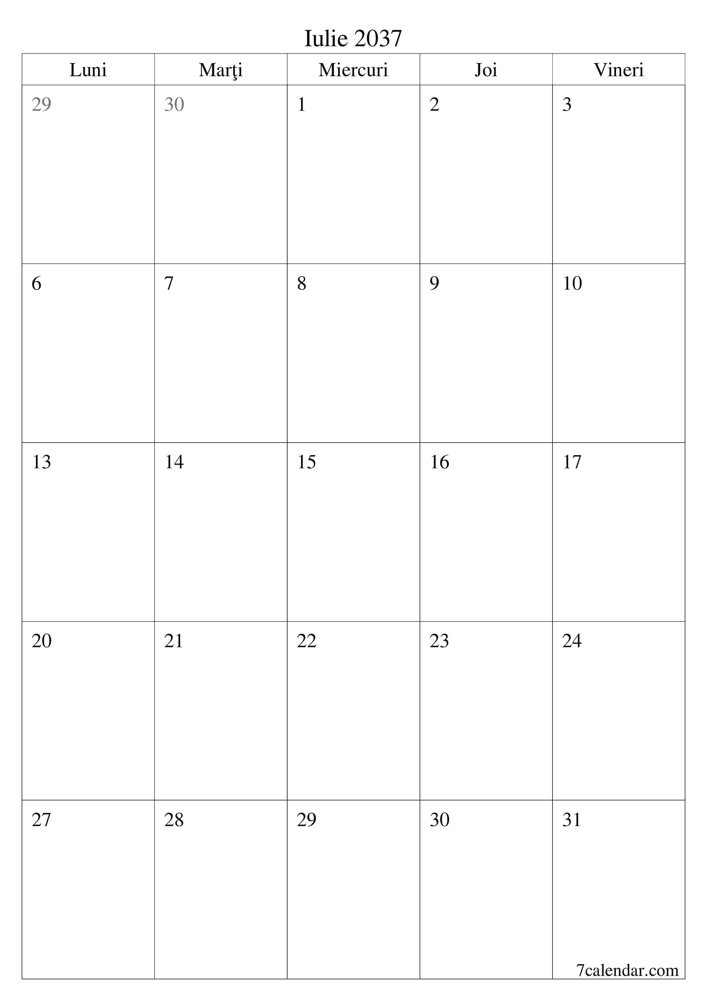  imprimabil de perete șablon de gratuitvertical Lunar planificator calendar Iulie (Iul) 2037