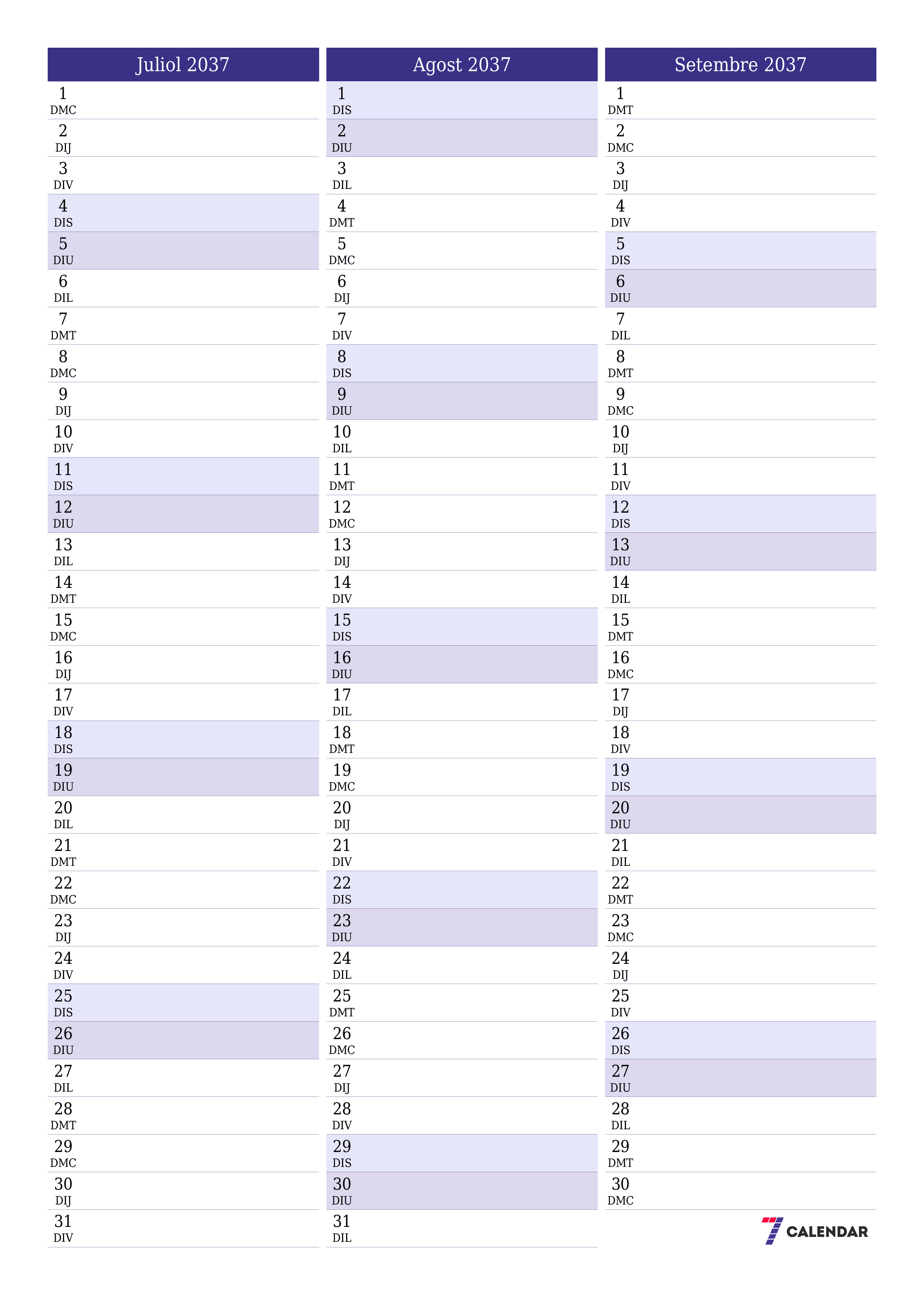  imprimible de paret plantilla de gratuïtvertical Mensual planificador calendari Juliol (Jul) 2037
