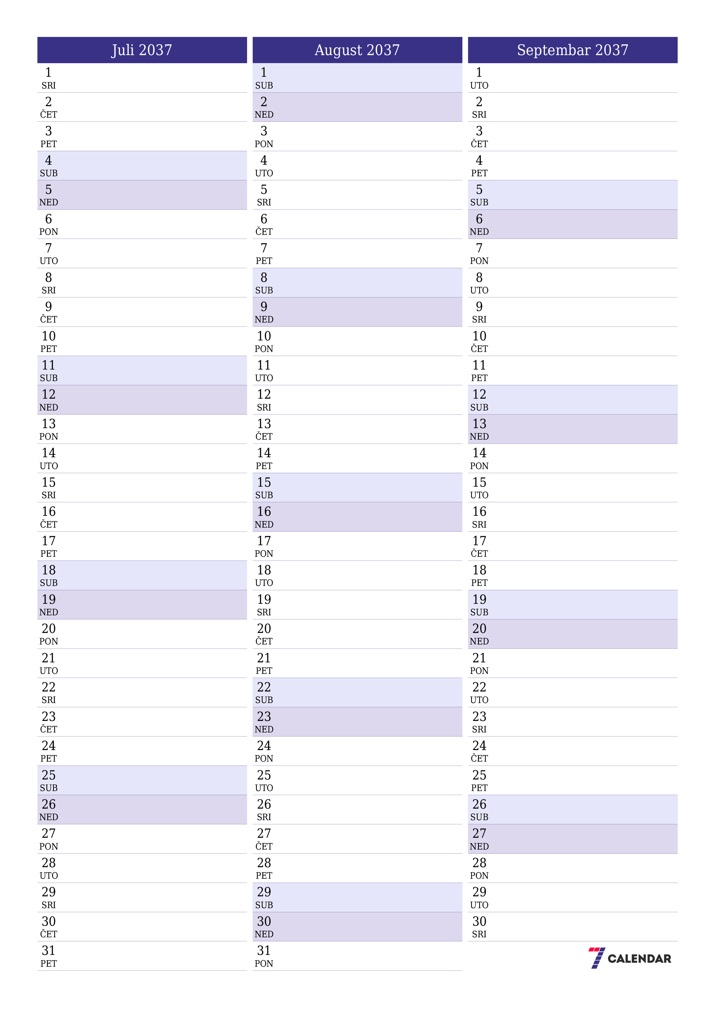  za štampanje zidni šablon a besplatni vertikalno Mjesečno planer kalendar Juli (Jul) 2037
