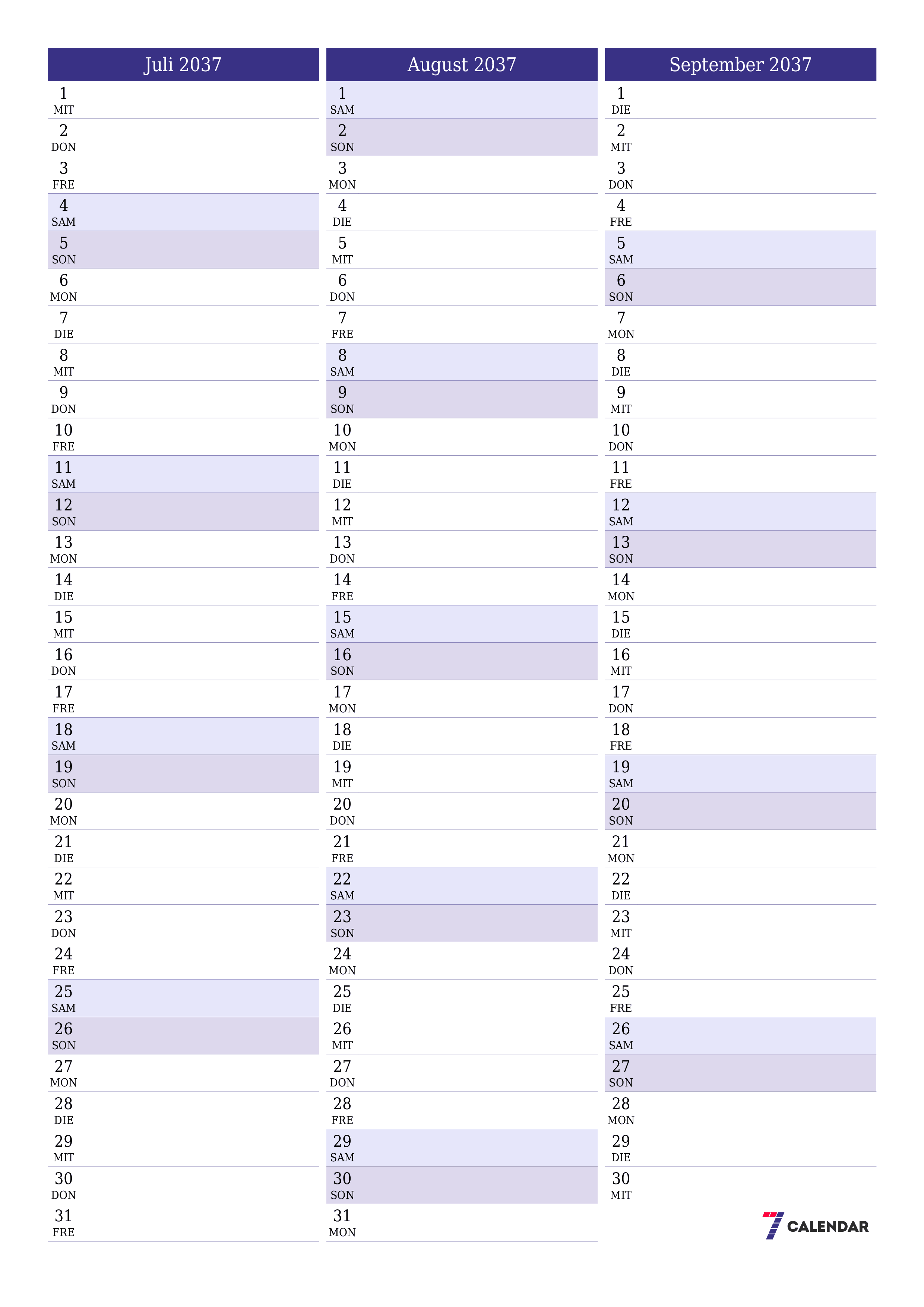 zum Ausdrucken Wandkalender vorlage kostenloser vertikal Monatlich Planer Kalender Juli (Jul) 2037
