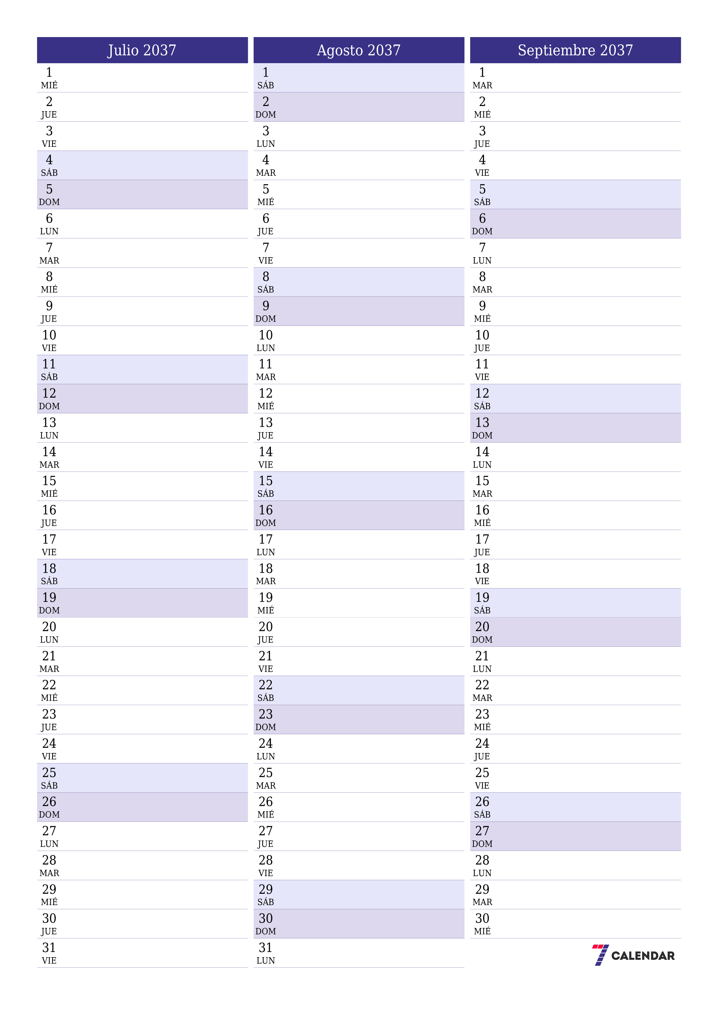  imprimible de pared plantilla de gratisvertical Mensual planificador calendario Julio (Jul) 2037