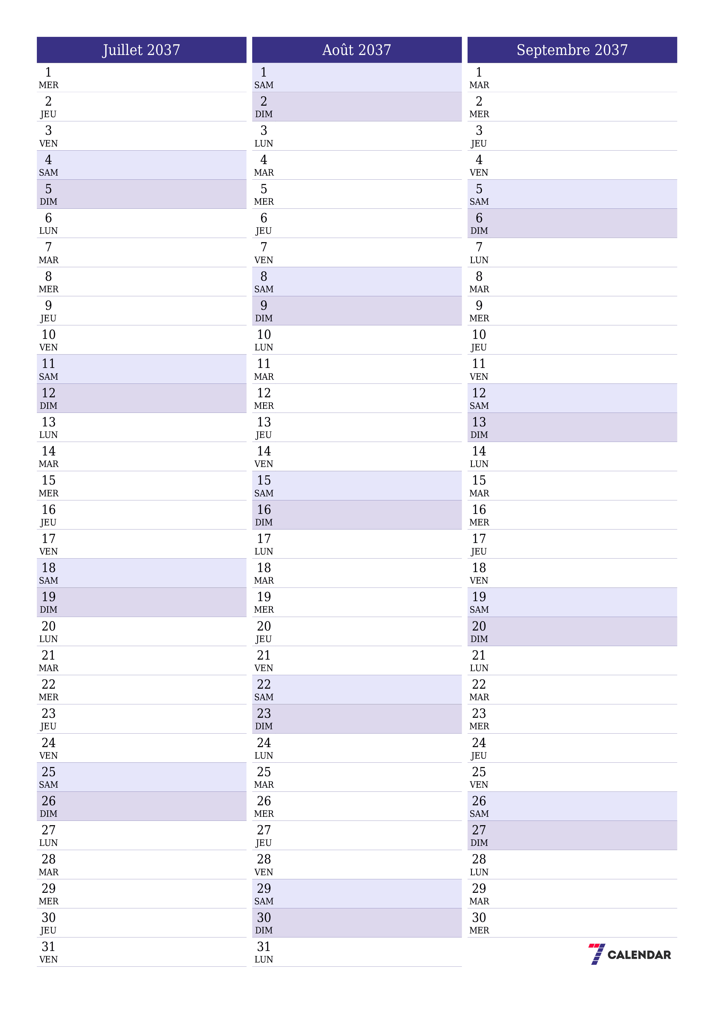  imprimable mural modèle de gratuitverticale Mensuel planificateur calendrier Juillet (Jul) 2037