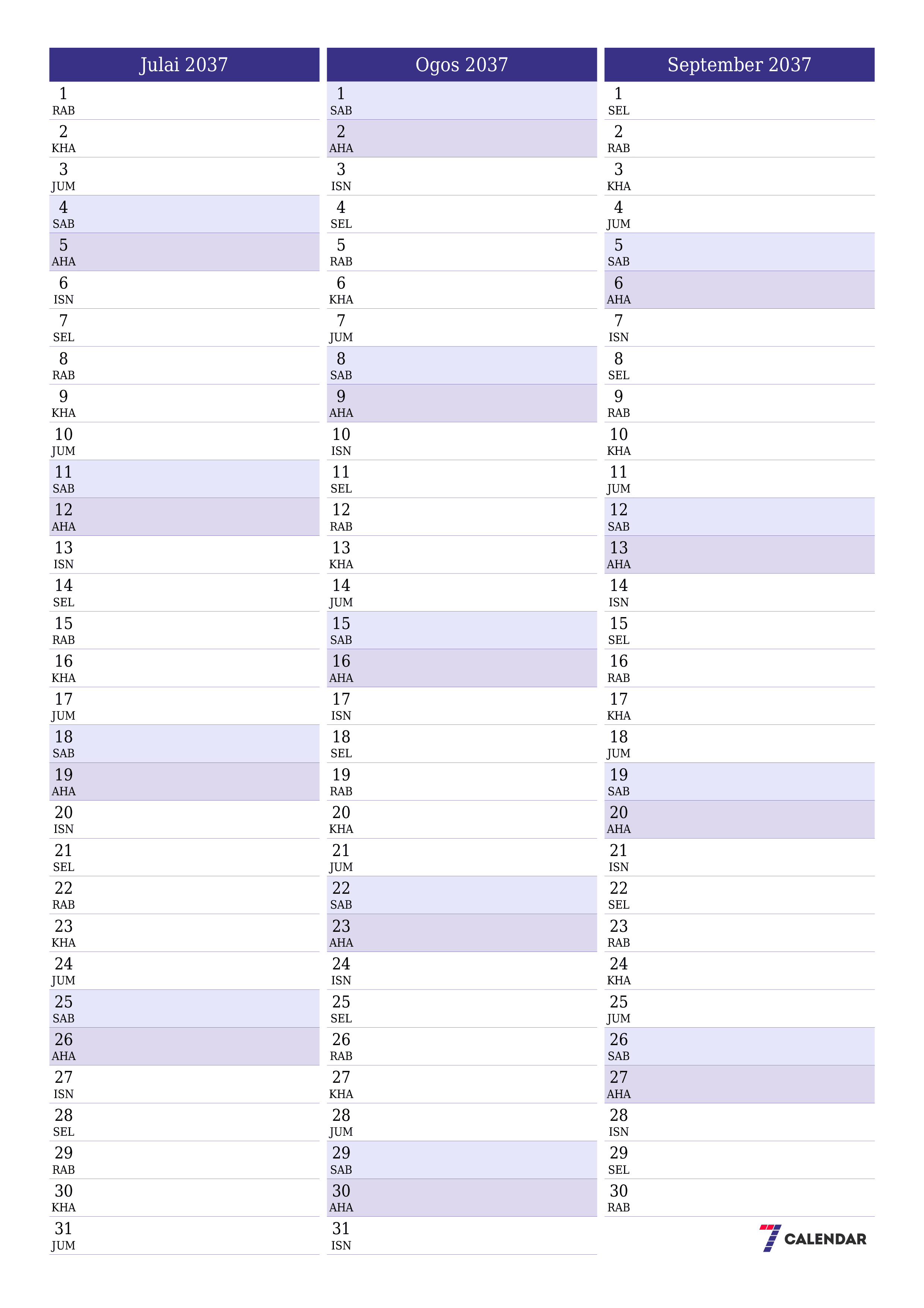  boleh cetak dinding templat percumamenegak Bulanan perancang kalendar Julai (Jul) 2037