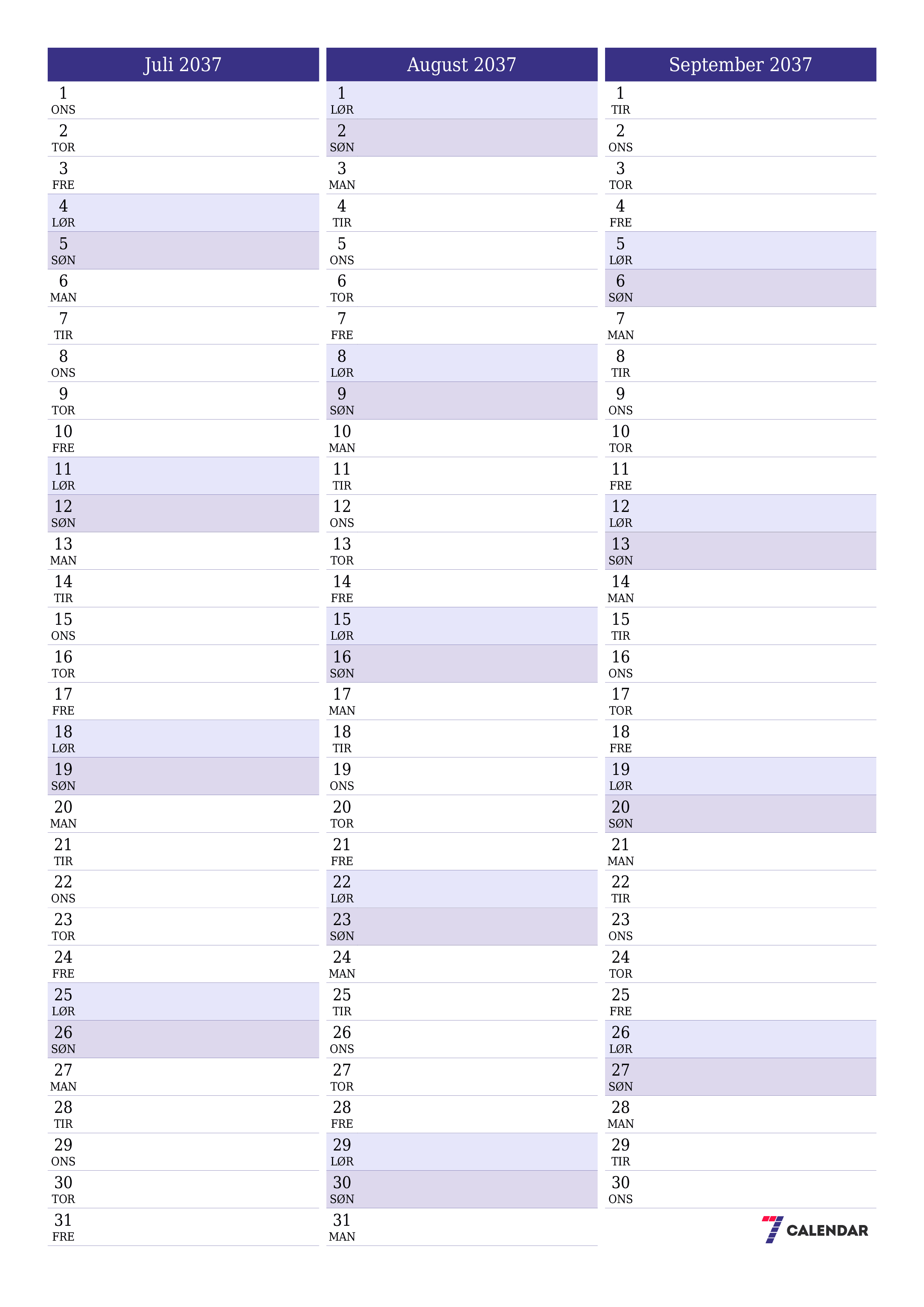 utskrivbar vegg mal gratis vertikal Månedlig planlegger kalender Juli (Jul) 2037