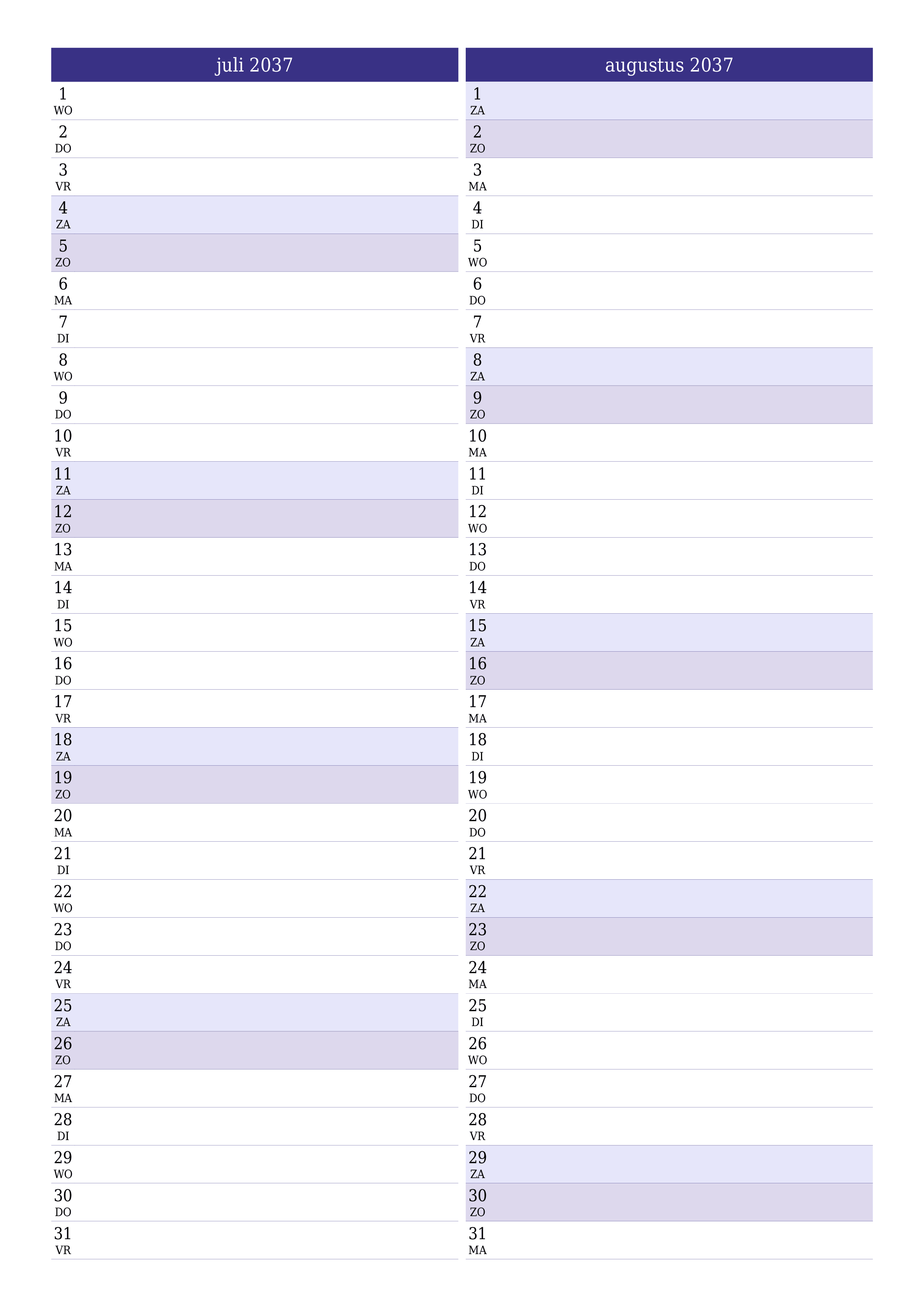 afdrukbare muur sjabloon gratis verticaal Maandelijks planner kalender juli (jul) 2037