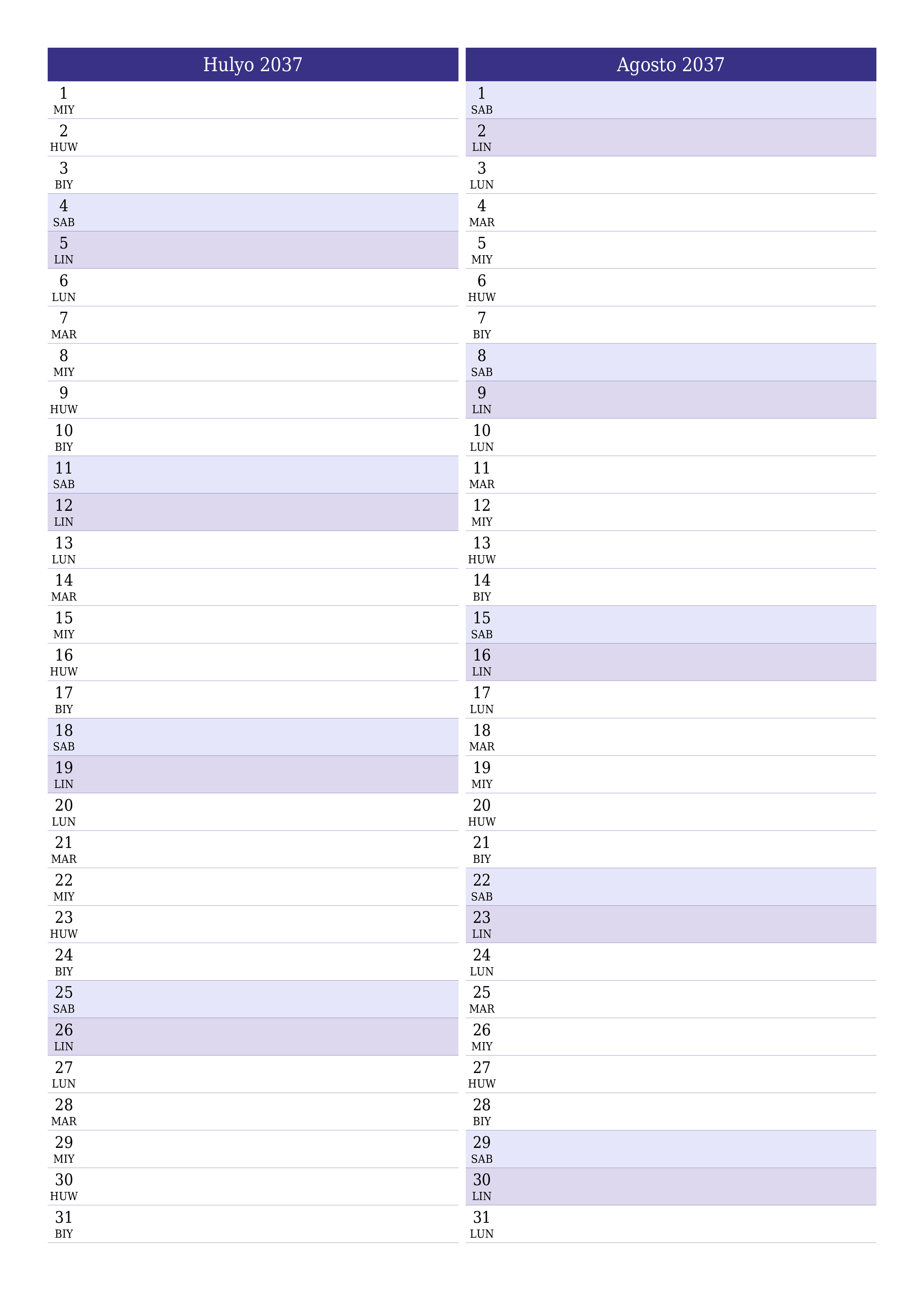 napi-print na sa dingding template ng libreng patayo Buwanang tagaplano kalendaryo Hulyo (Hul) 2037