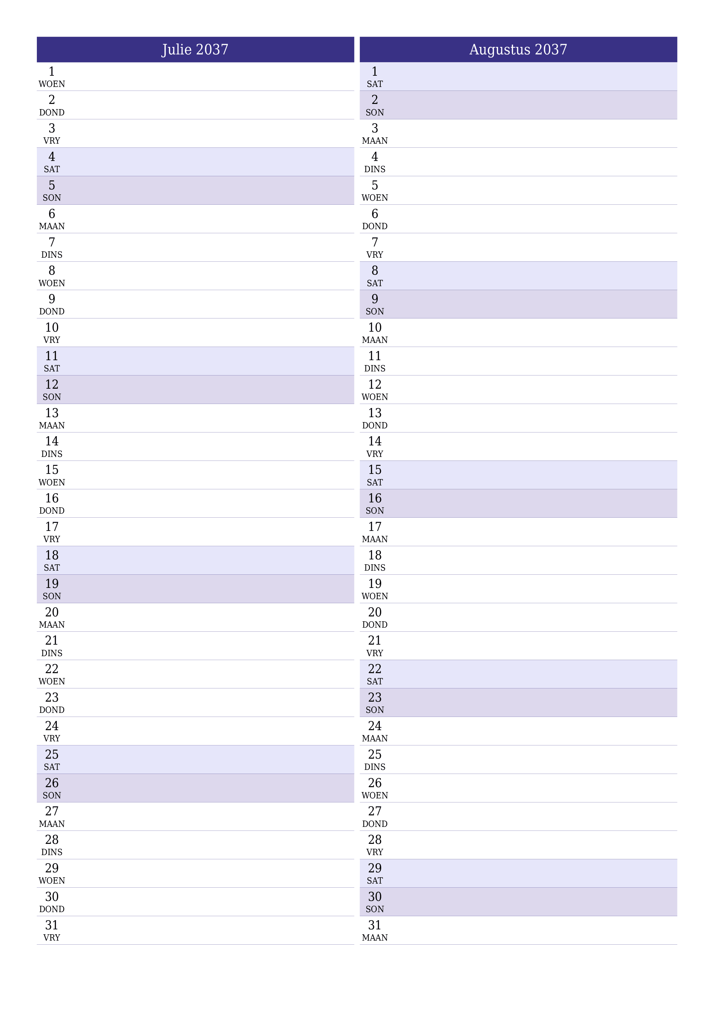drukbare muur template gratis vertikaal Maandeliks beplanner kalender Julie (Jul) 2037