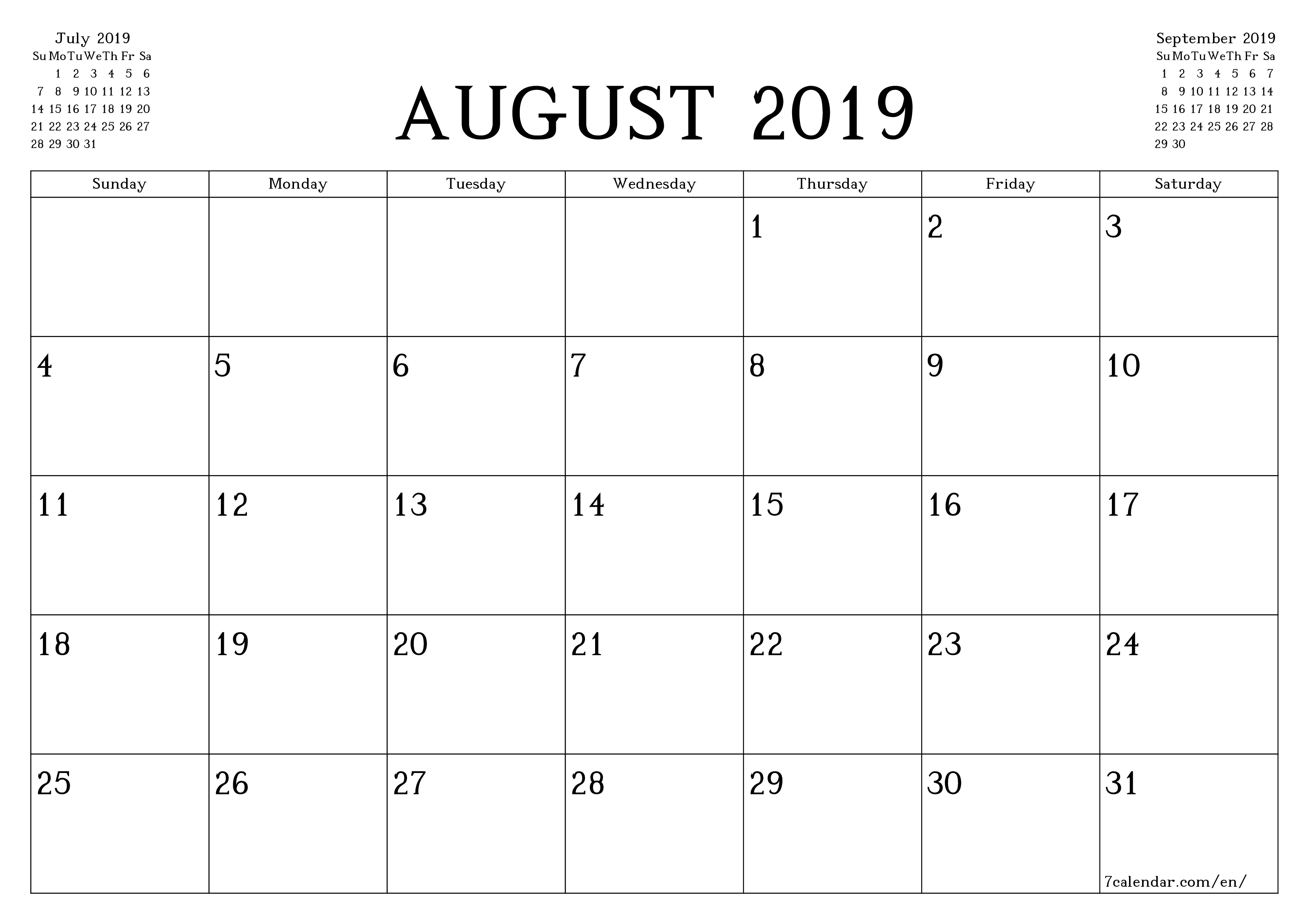 printable wall template free horizontal Monthly planner calendar August (Aug) 2019