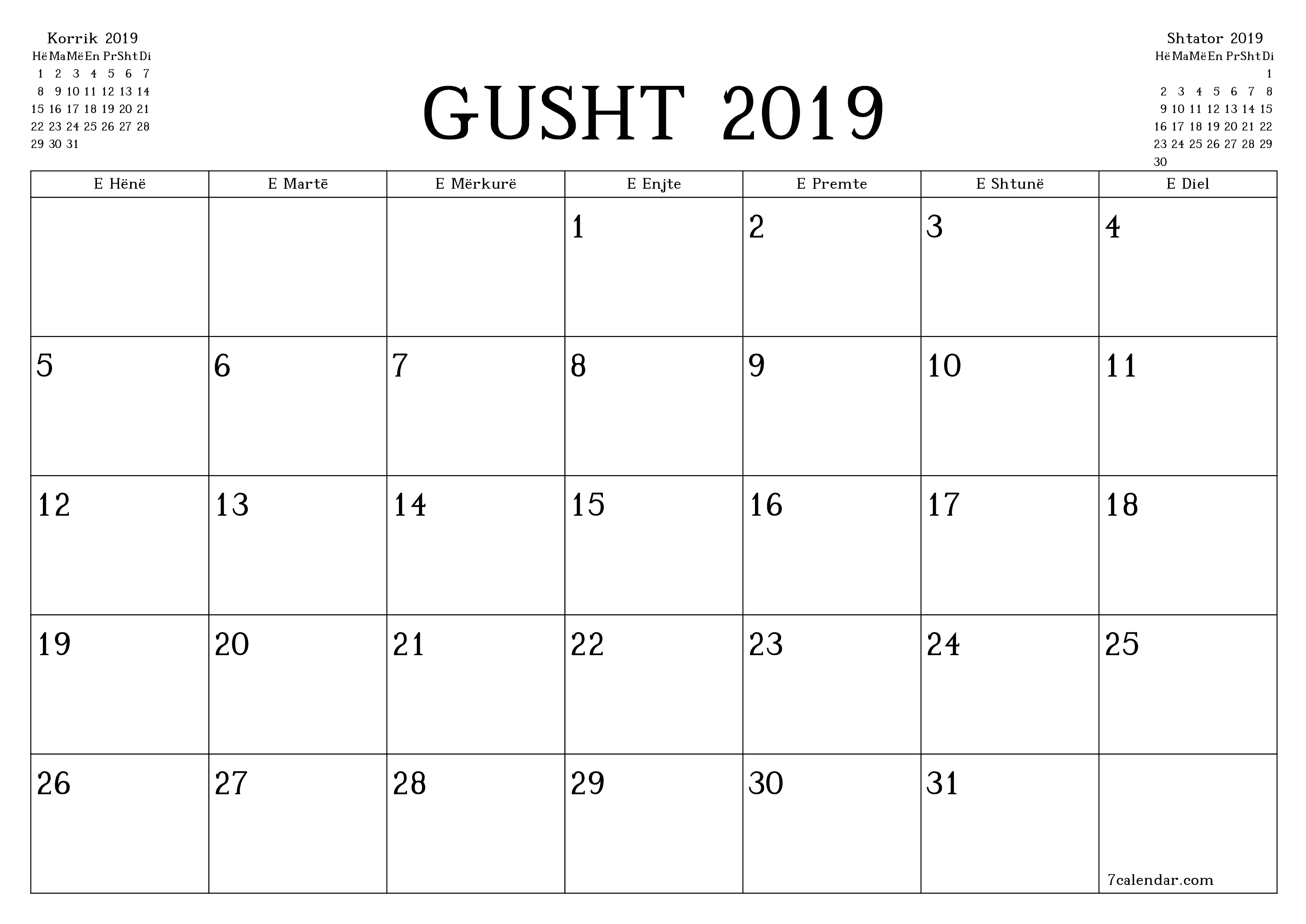  i printueshëm muri shabllon falashorizontale mujore planifikues kalendar Gusht (Gu) 2019