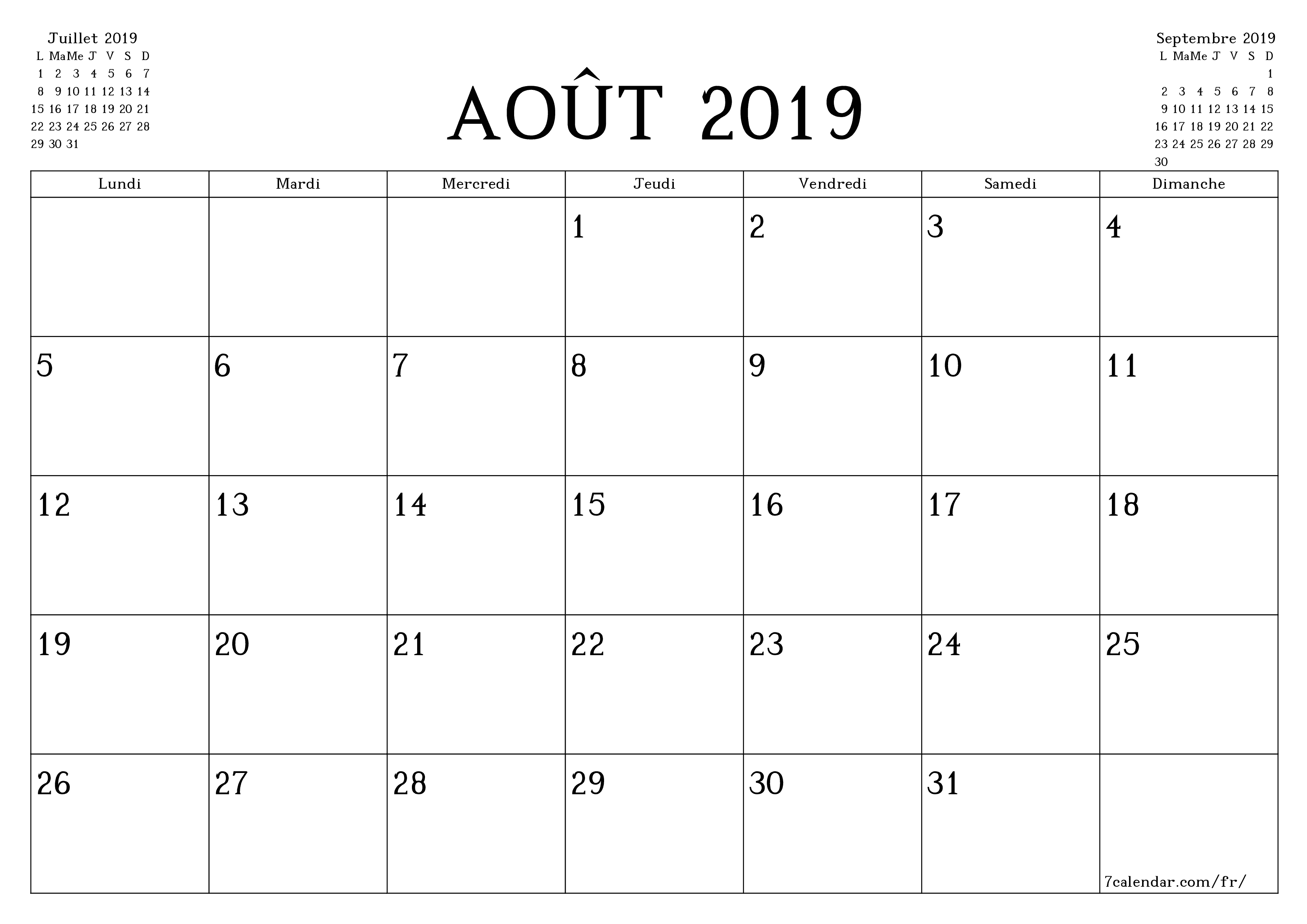  imprimable mural modèle de gratuithorizontal Mensuel planificateur calendrier Août (Aou) 2019