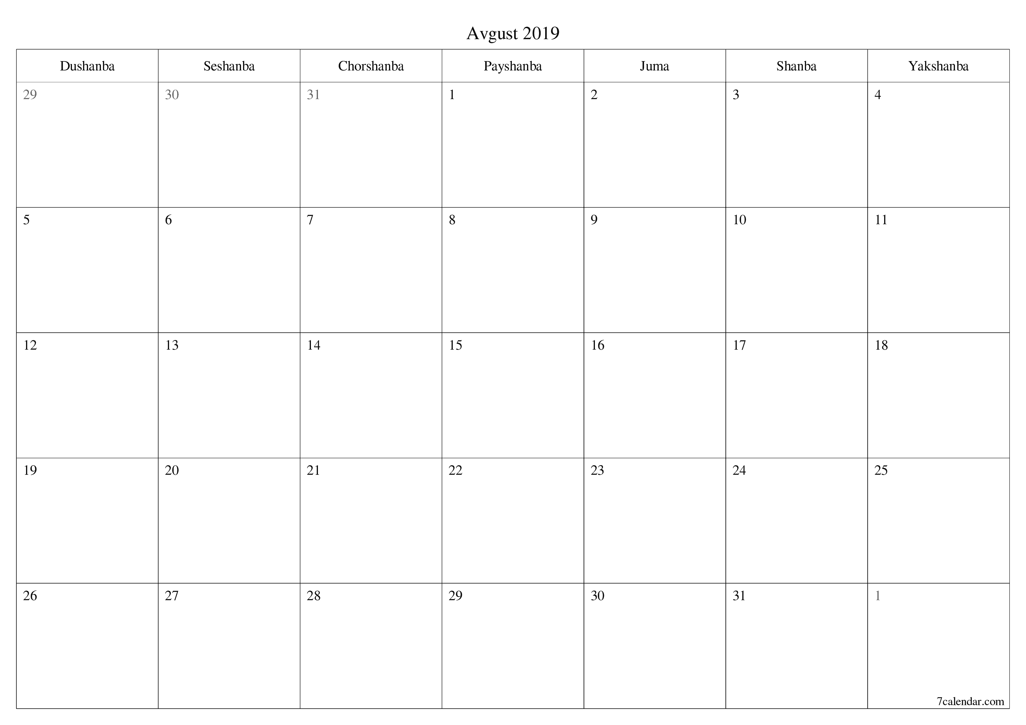 chop etiladigan devor taqvimi shabloni bepul gorizontal Oylik rejalashtiruvchi kalendar Avgust (Avg) 2019